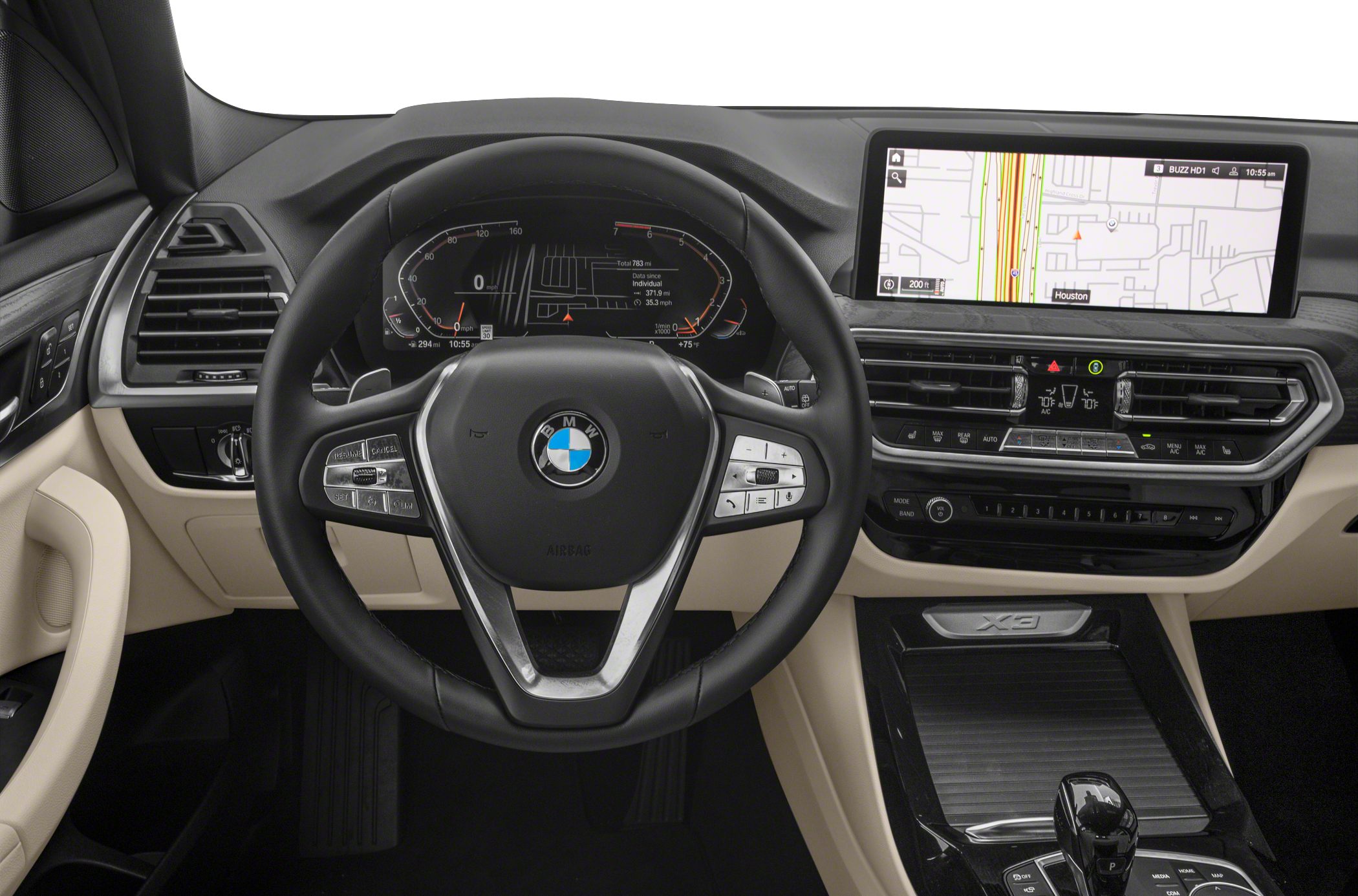 Digital instrument cluster and navigation display in modern car interior
