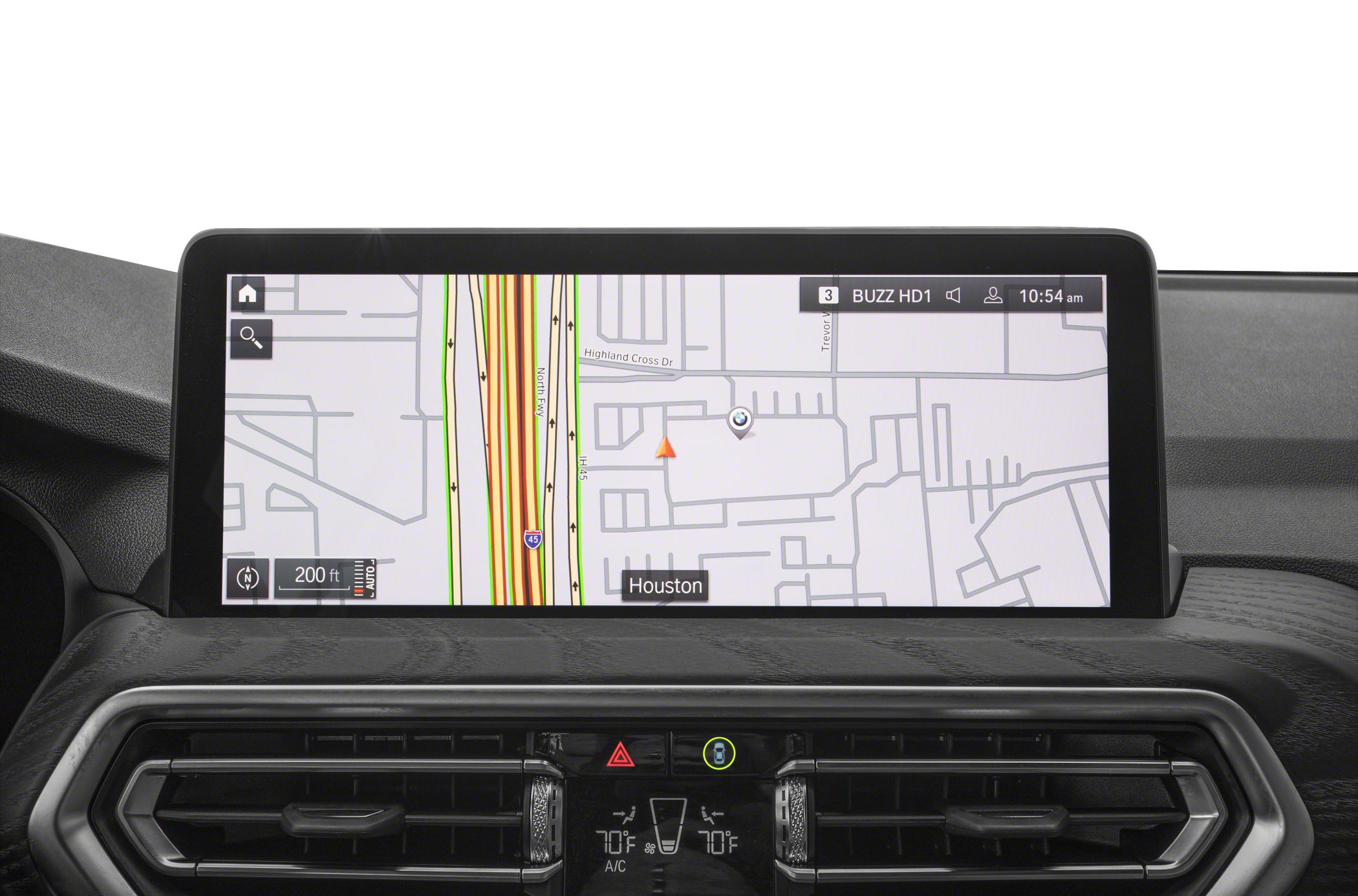 Navigation screen displaying map and dual-zone climate control panel