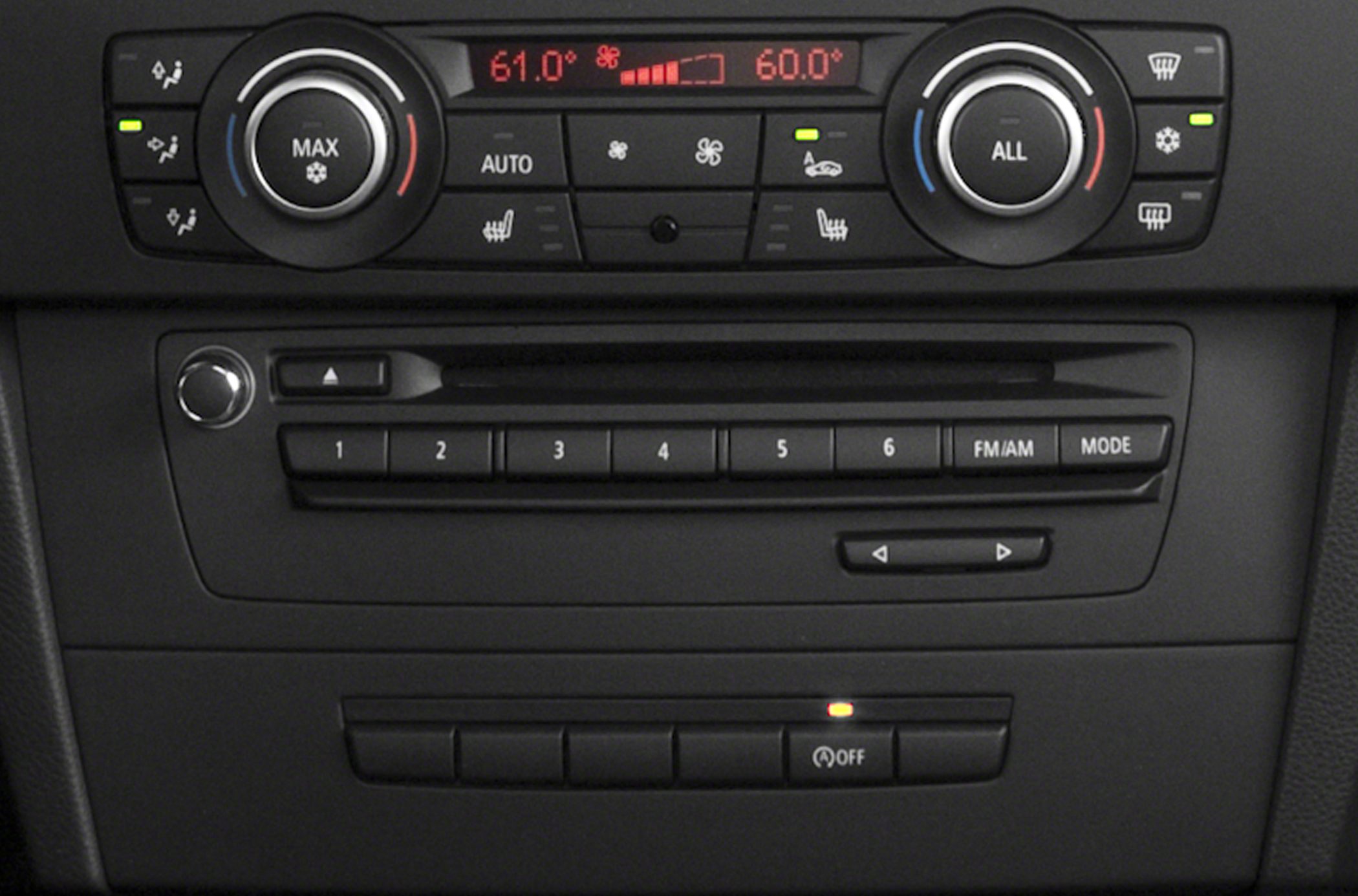 Dual-zone climate and audio control panel with preset radio buttons