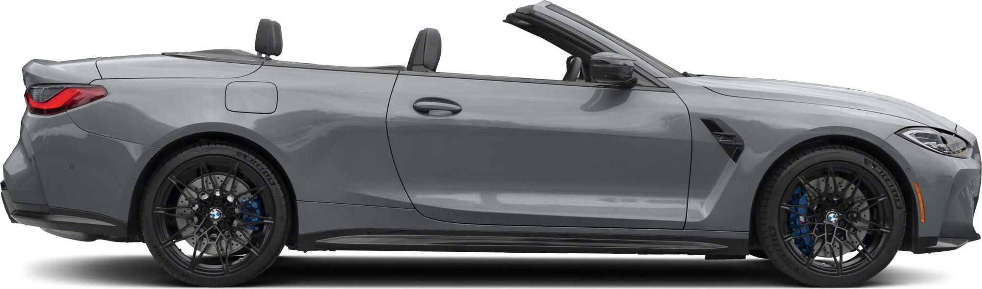Side profile of a sleek convertible with sporty alloy wheels and open roof