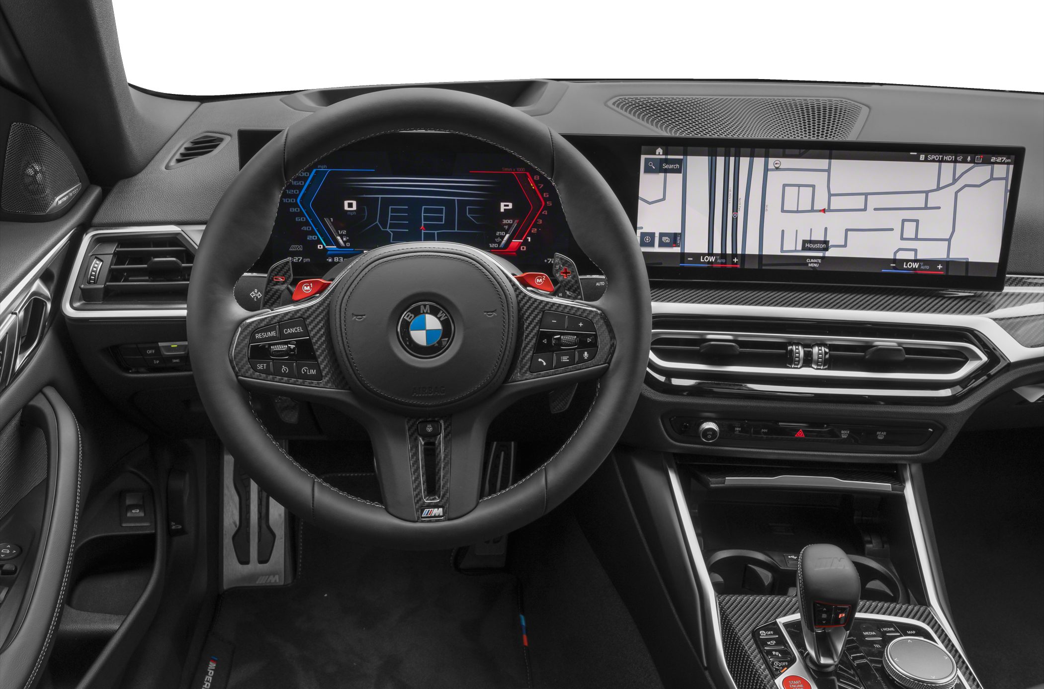 Digital instrument cluster and large infotainment screen with carbon fiber trim.