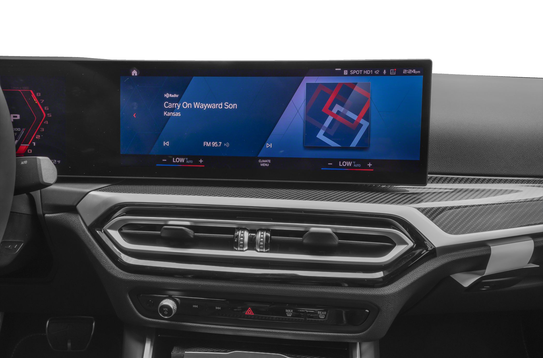 Wide digital infotainment display with sleek hexagonal HVAC air vents and carbon fiber dashboard trim