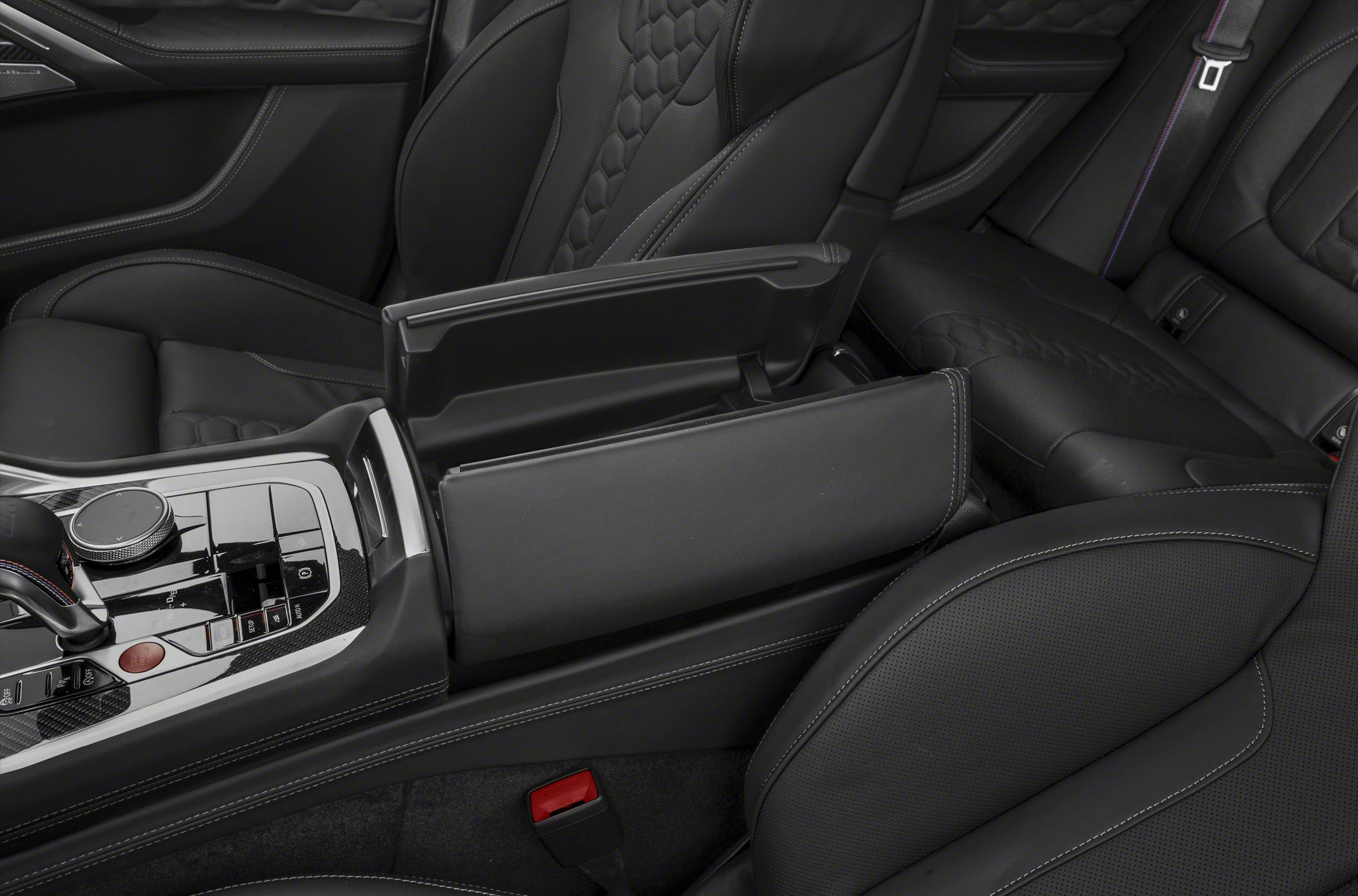 Black leather sports seats with open center console armrest