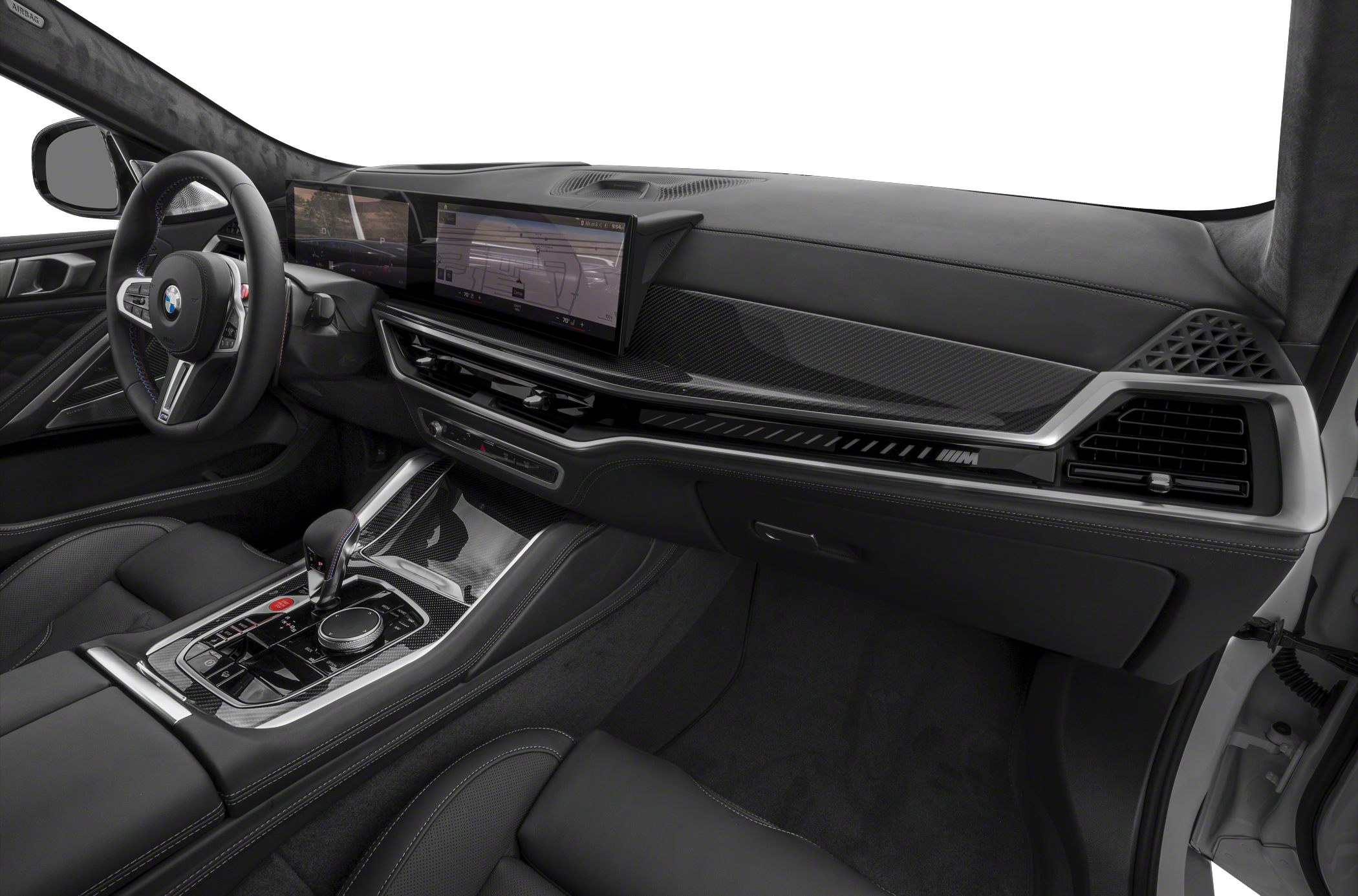 Carbon fiber dashboard with dual digital displays and modern center console