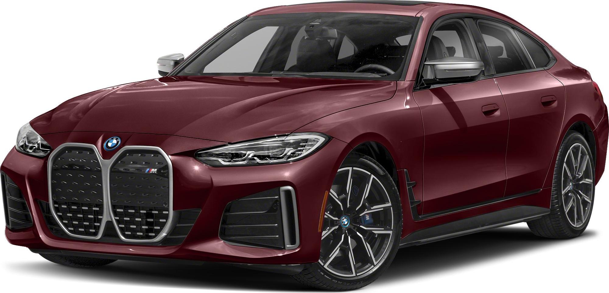 Front view of electric sedan with large kidney grille and sleek LED headlights