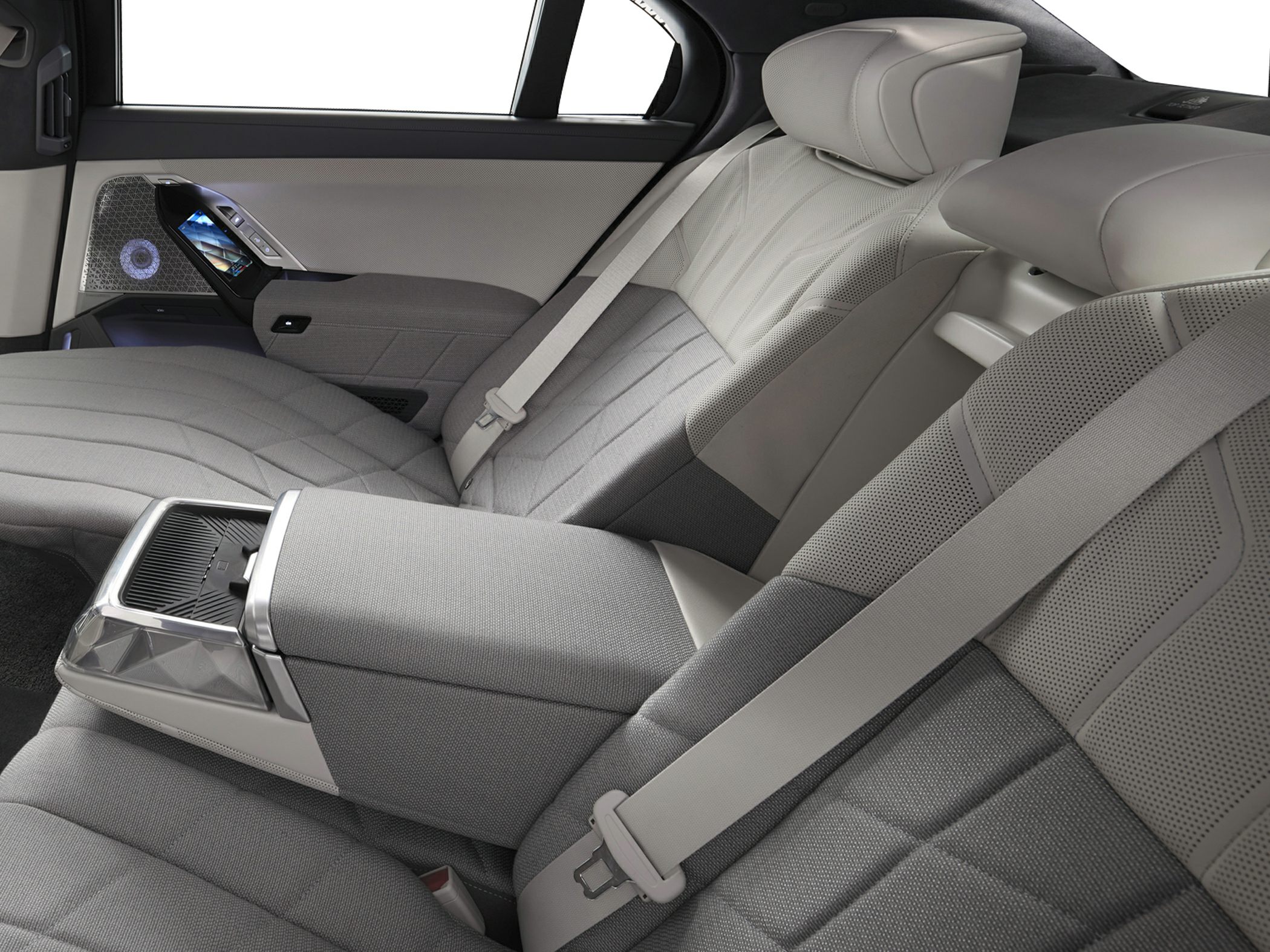 Luxurious rear seat with premium upholstery and advanced controls