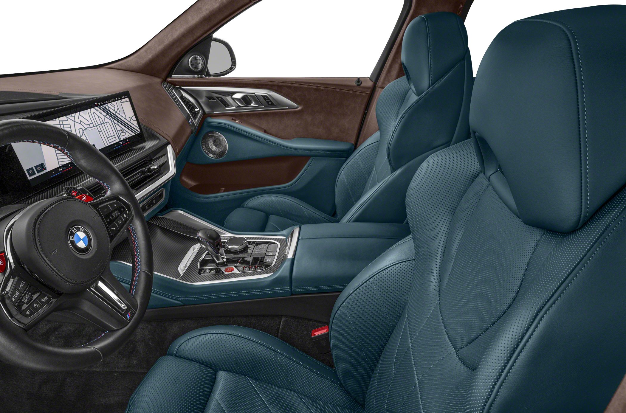 Blue leather seats with modern dashboard and carbon fiber trim