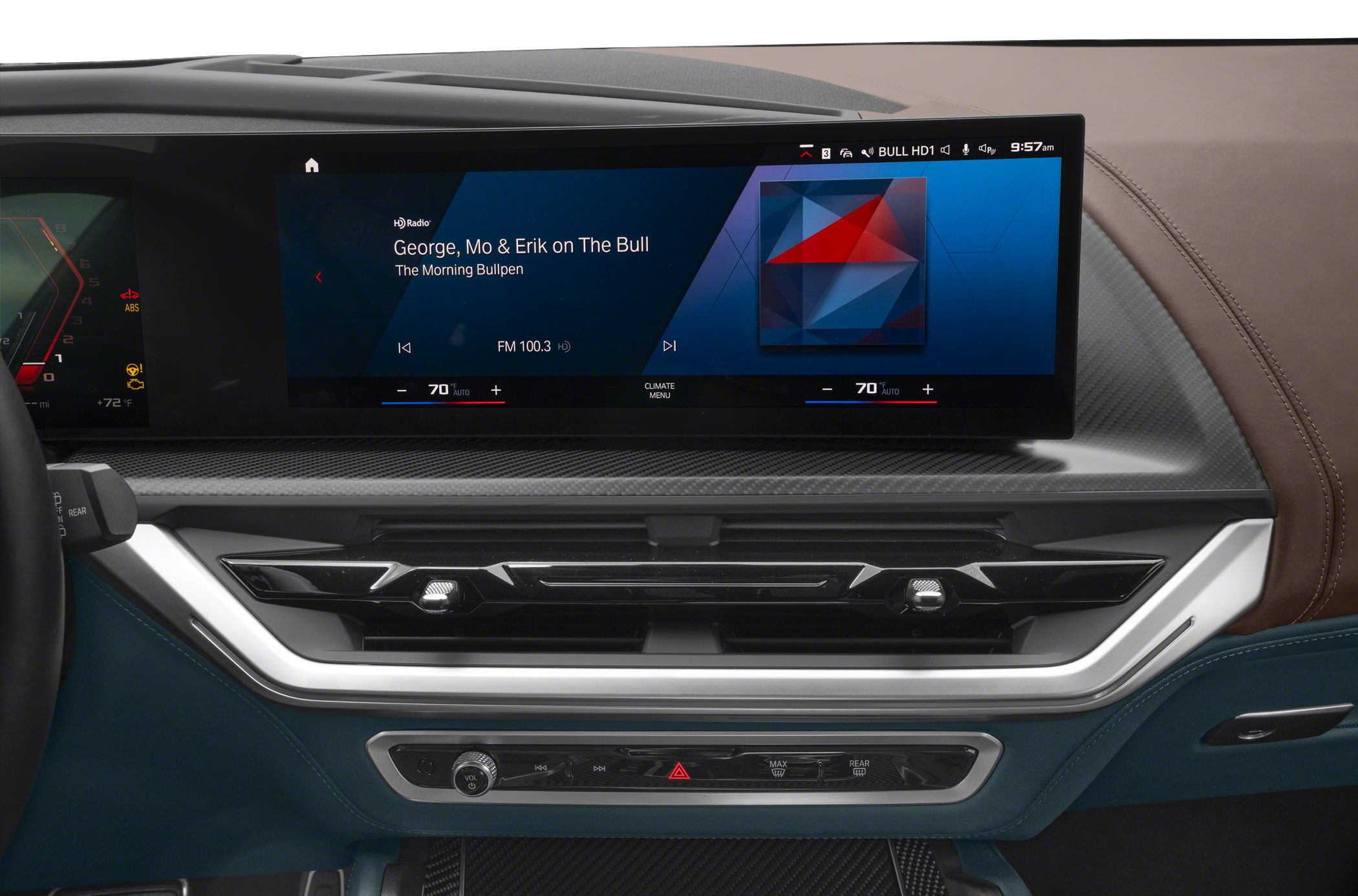 Wide digital dashboard display with dual-zone climate control
