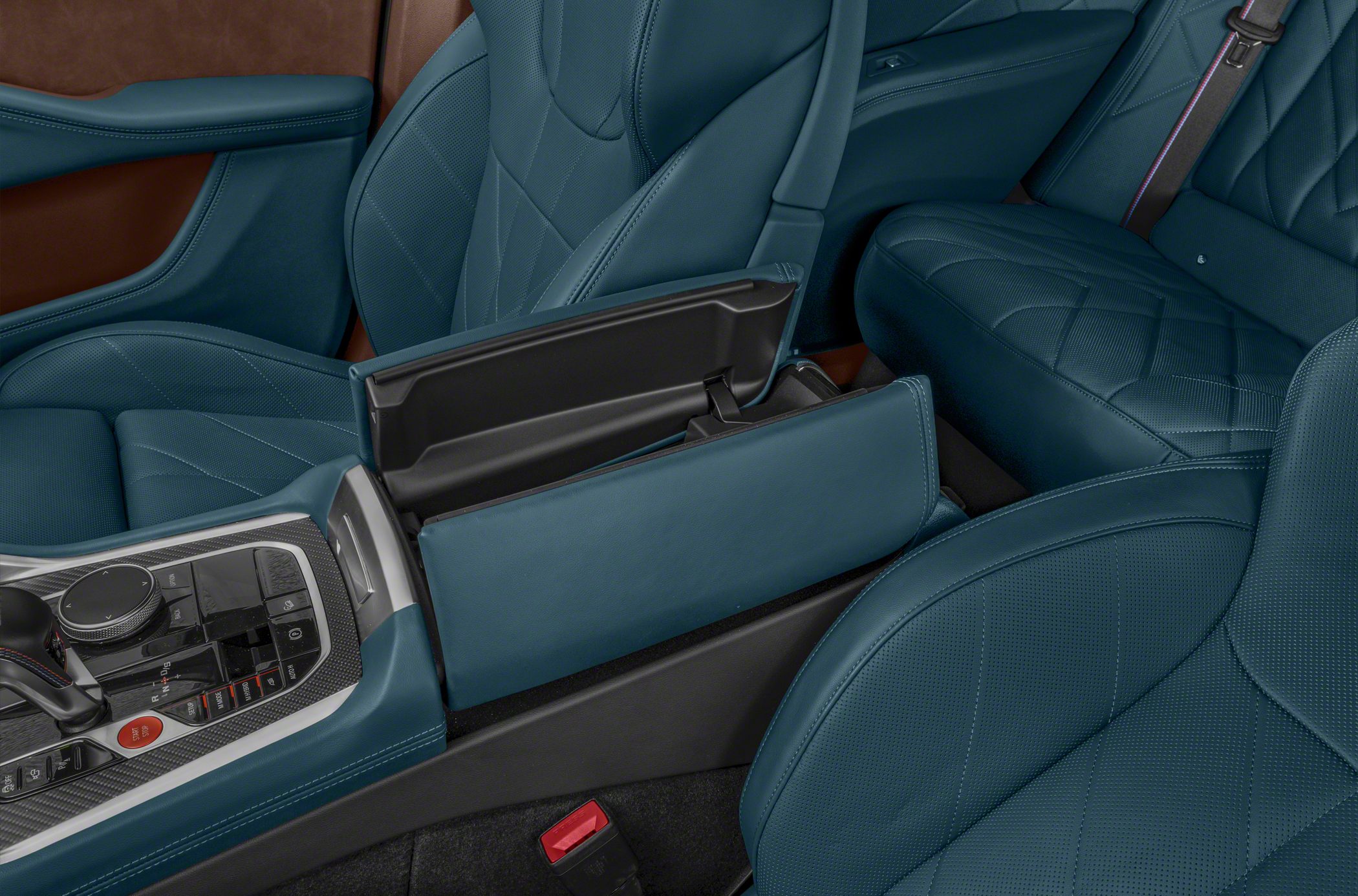 Blue quilted leather seats and open center console storage