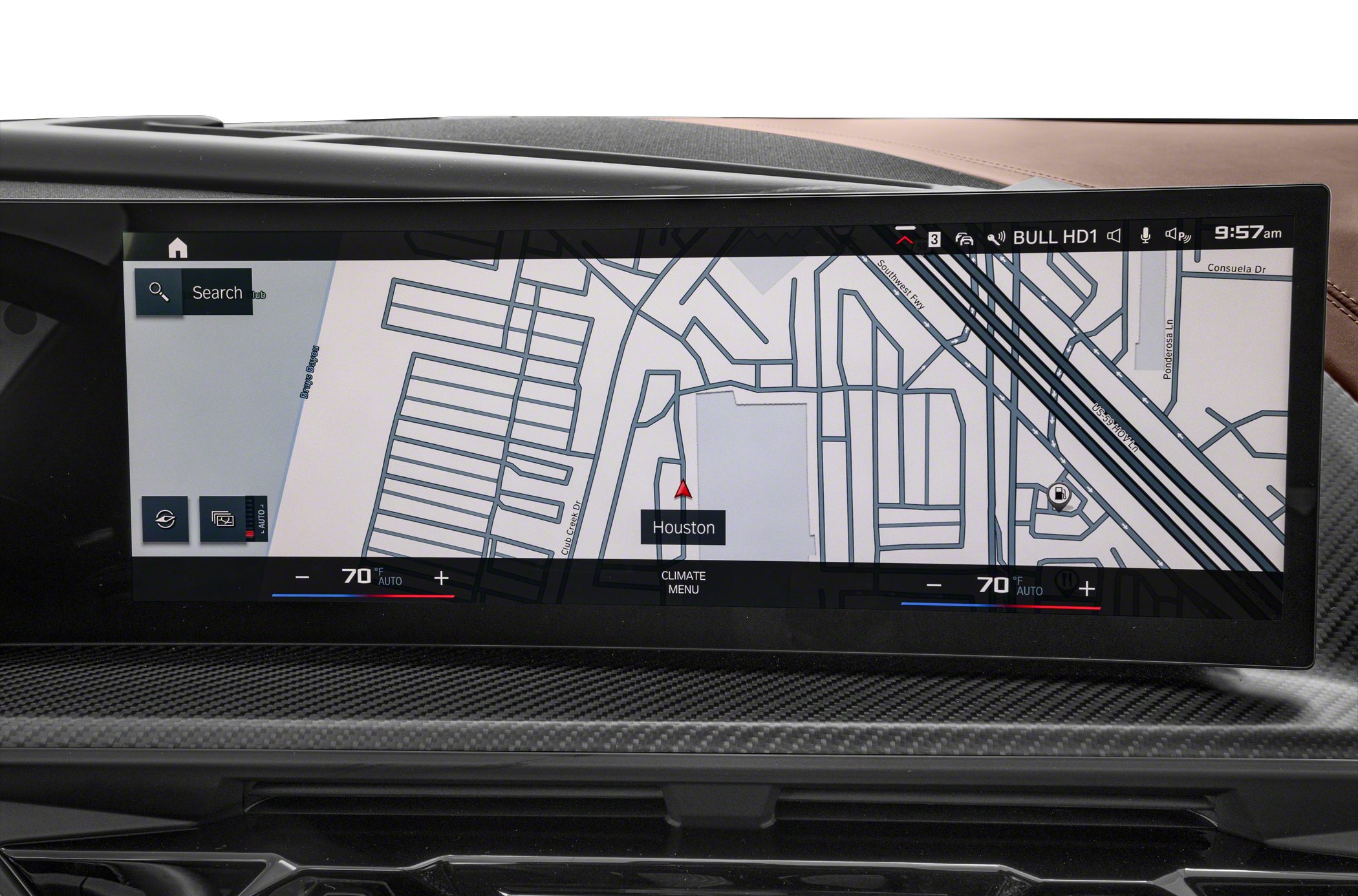 Wide digital navigation screen with dual-zone climate controls.
