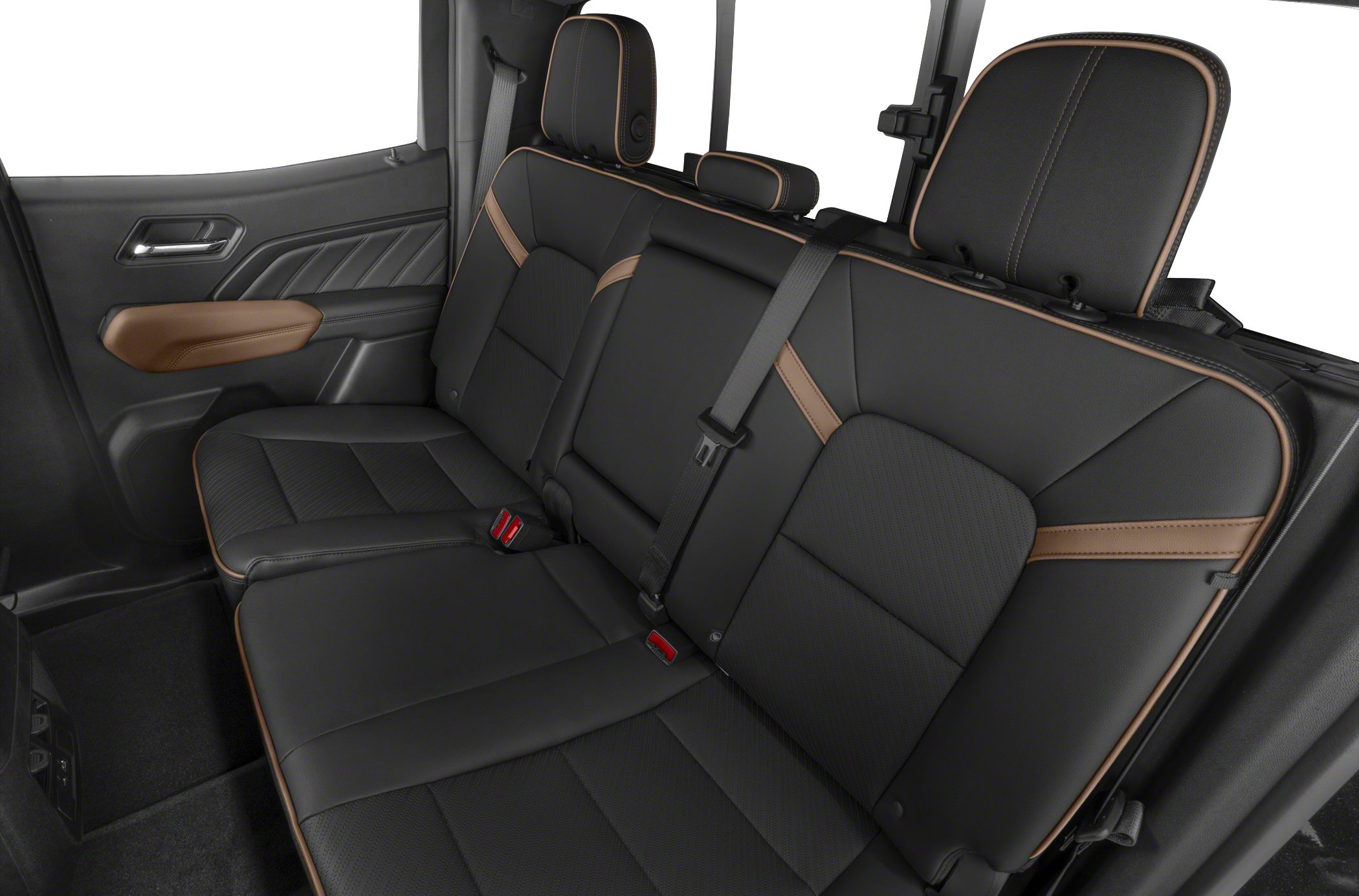 Black leather rear seats with brown accents and integrated seat belts