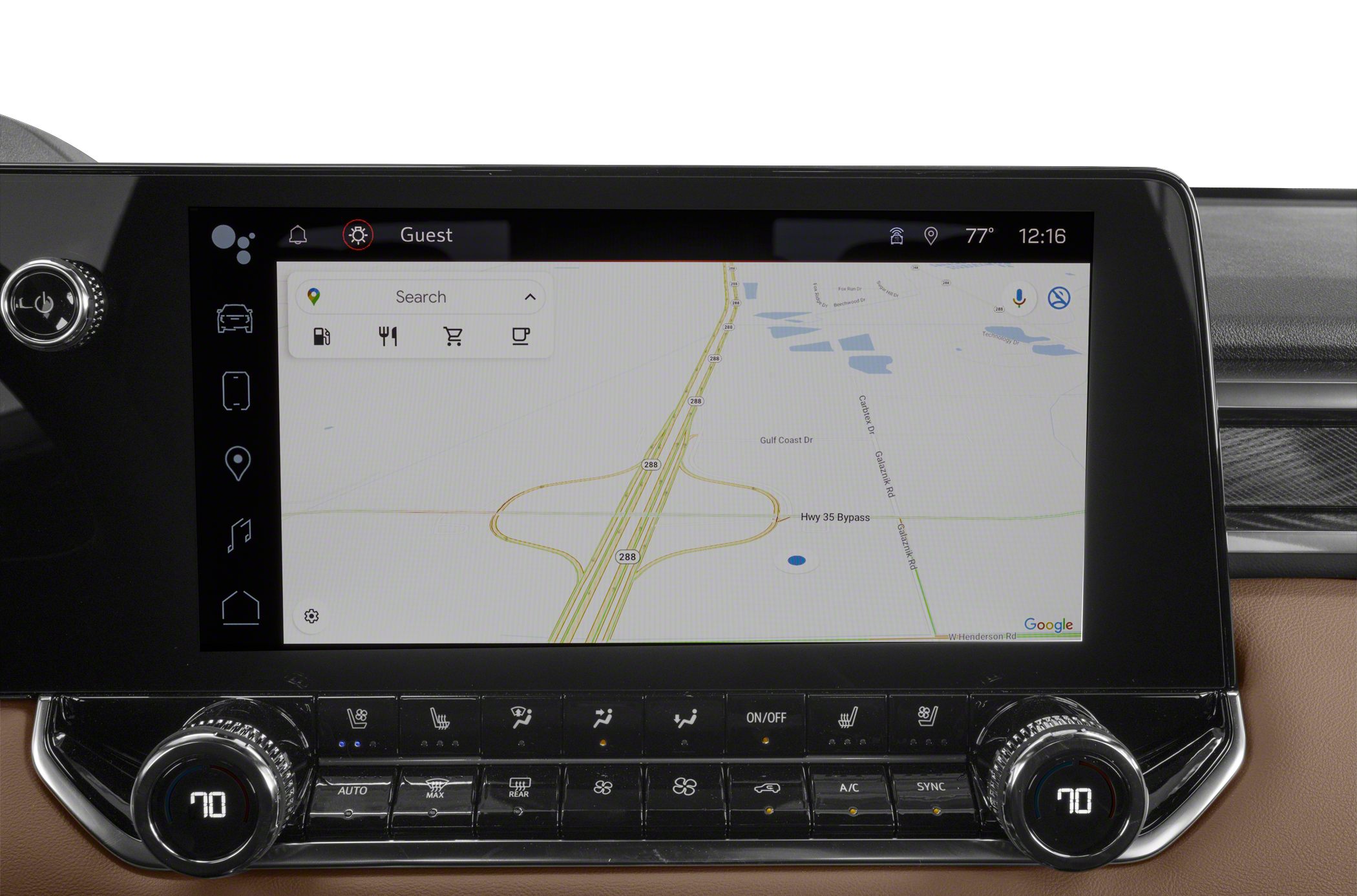Touchscreen infotainment with map navigation and climate control knobs