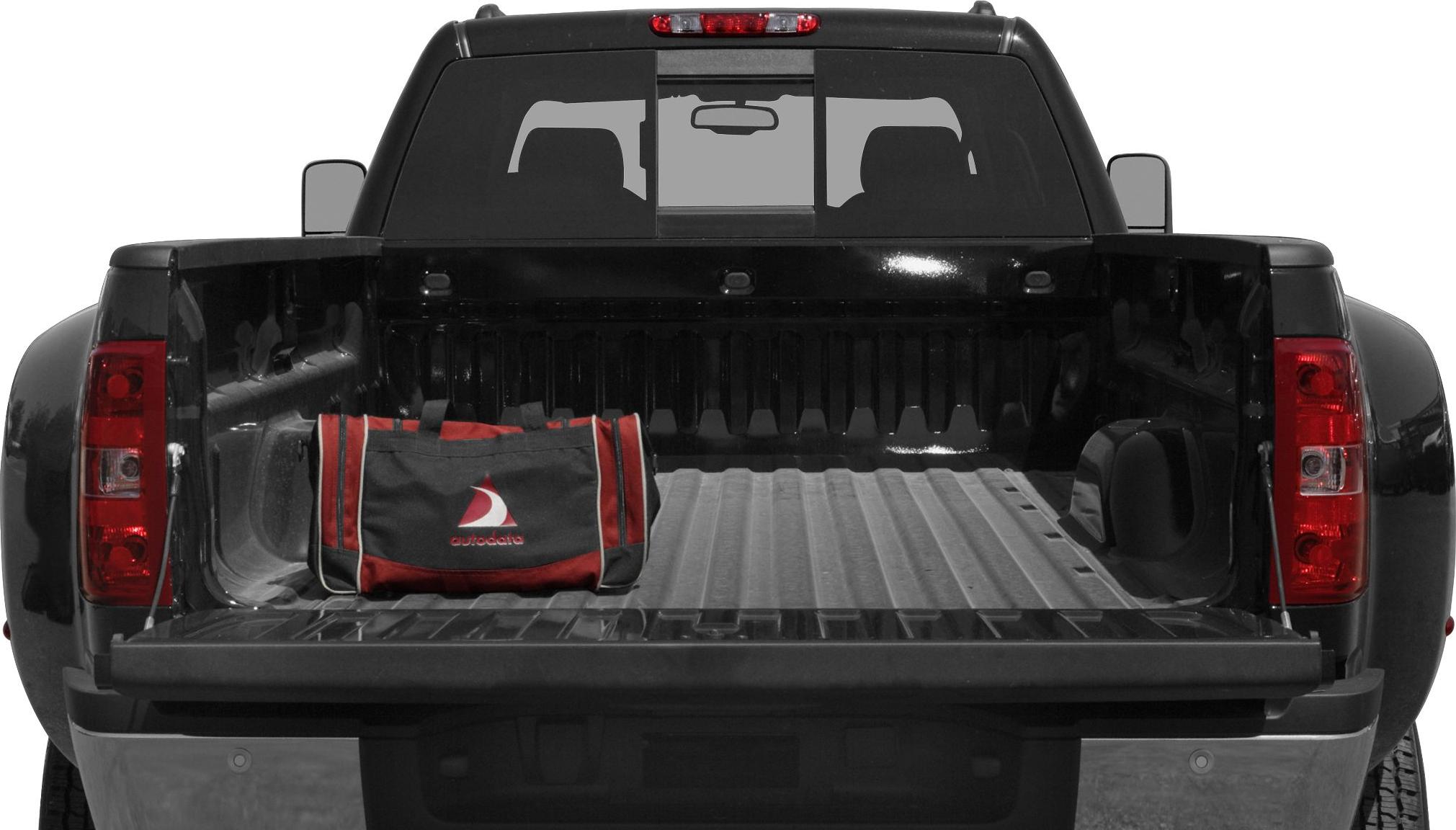 Open pickup truck bed with tool bag inside, tailgate down.