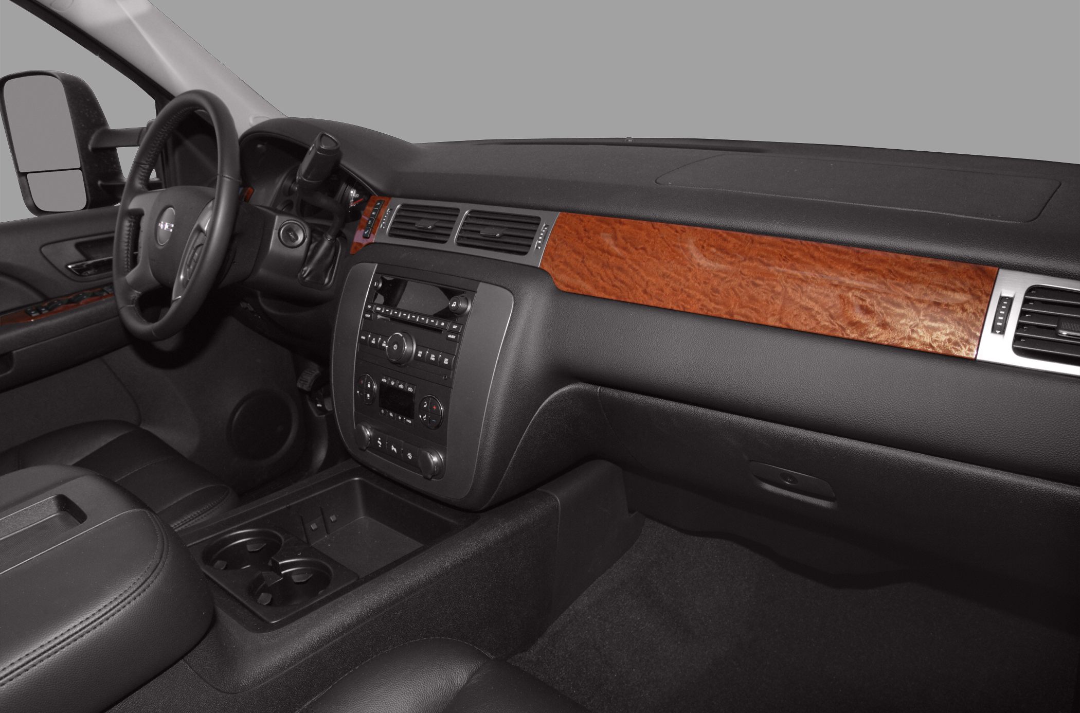 Dashboard interior with wood trim and central control panel