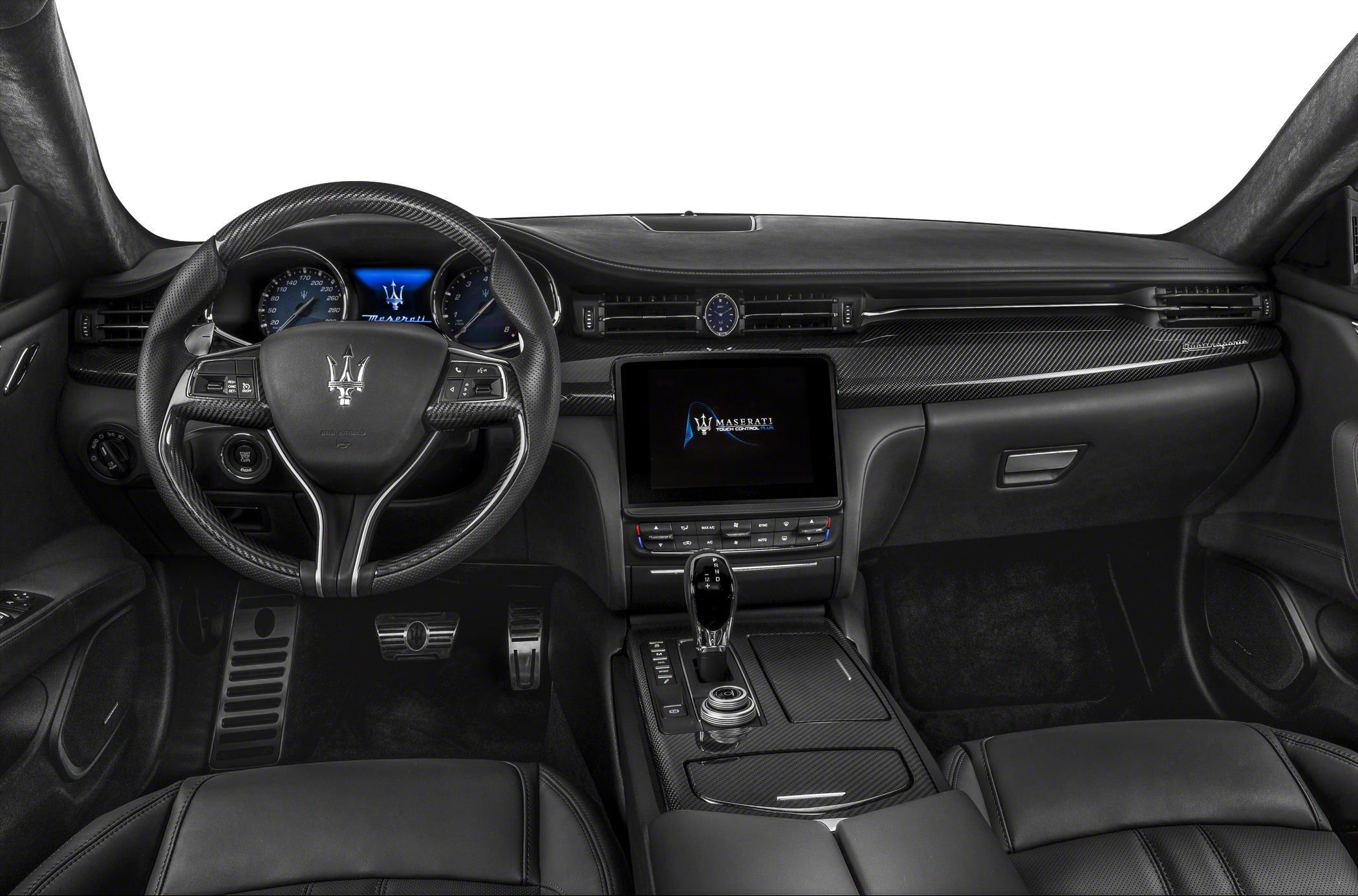 Luxury interior with carbon fiber trims and digital instrument cluster.