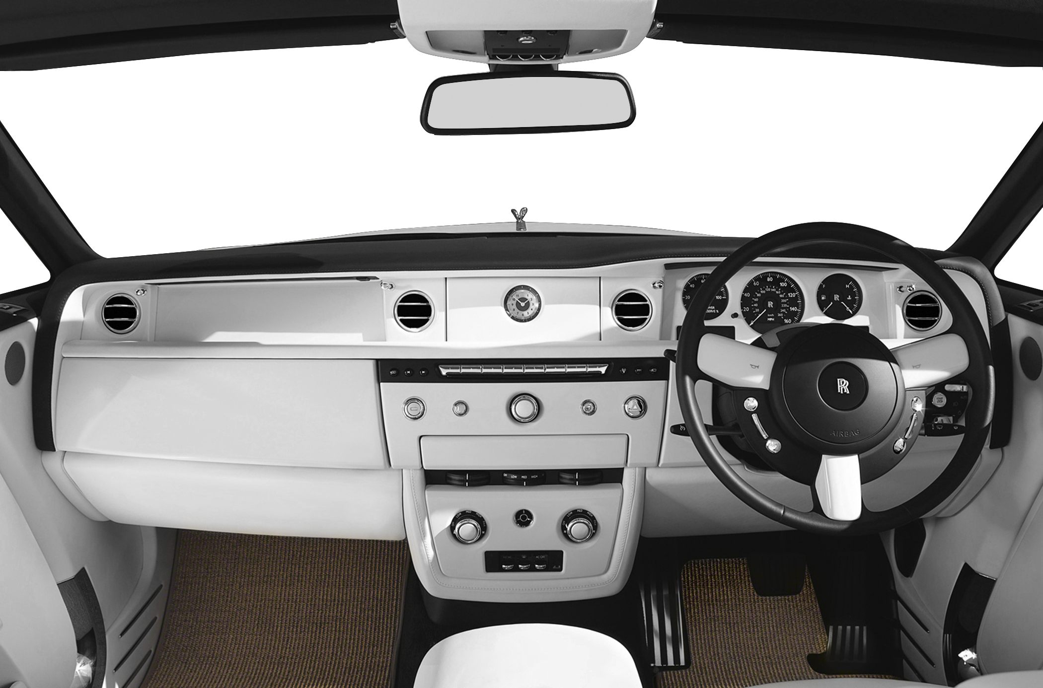 luxury car dashboard and steering wheel with classic analog dials