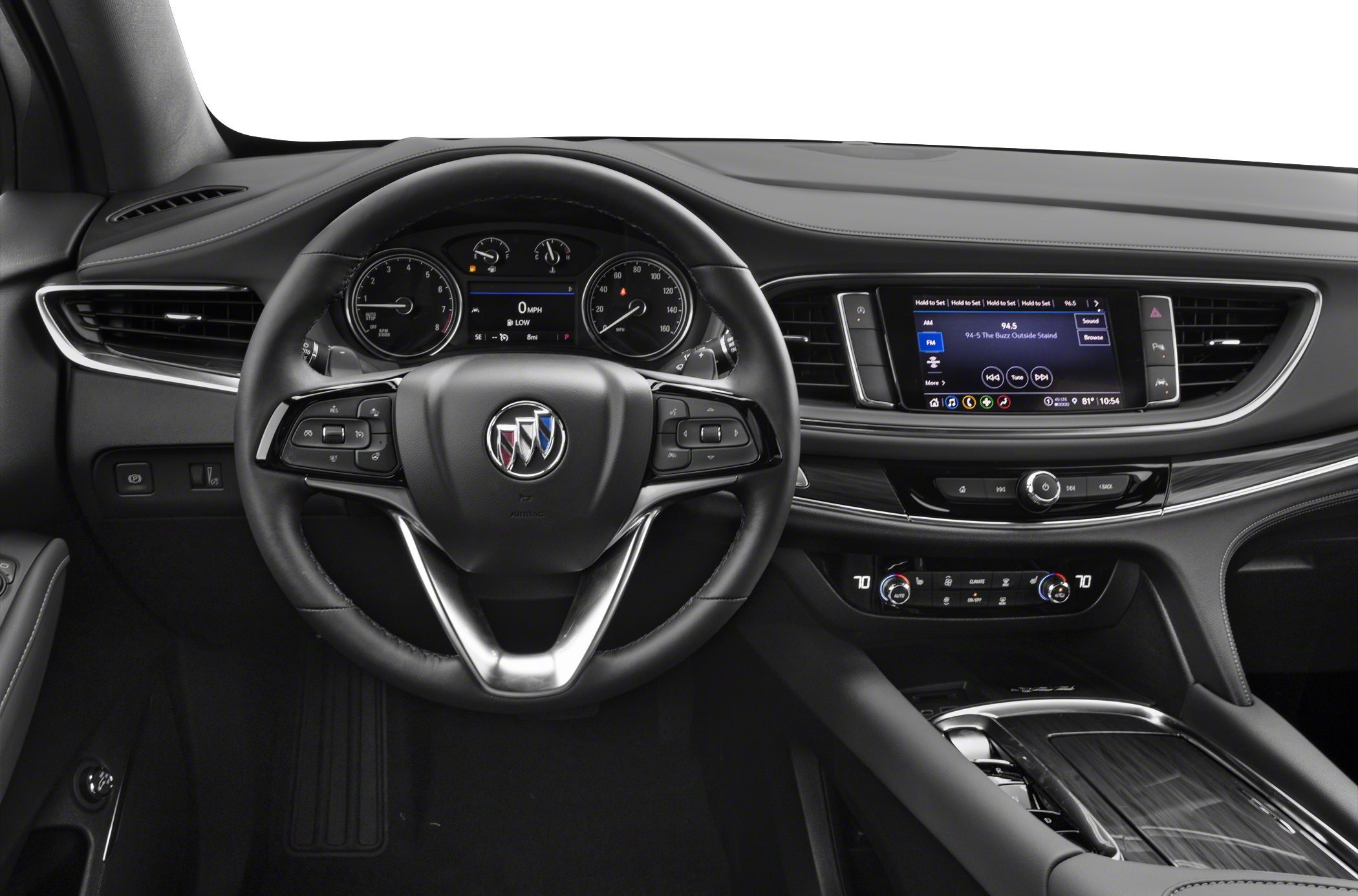 Steering wheel and dashboard with digital displays and control buttons