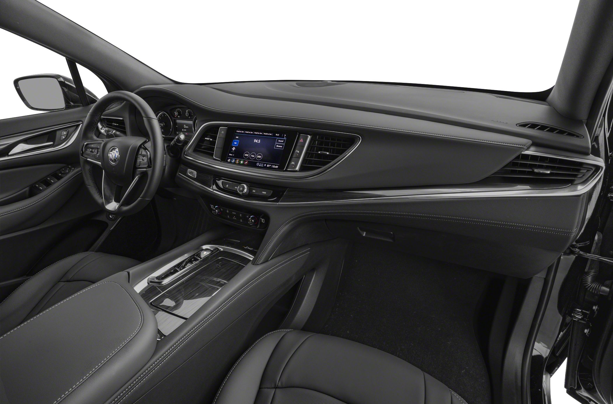 Interior dashboard and steering wheel with digital display and control buttons