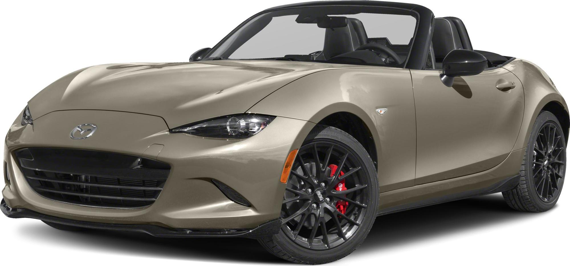 Convertible sports car front view with black multi-spoke wheels and red brake calipers