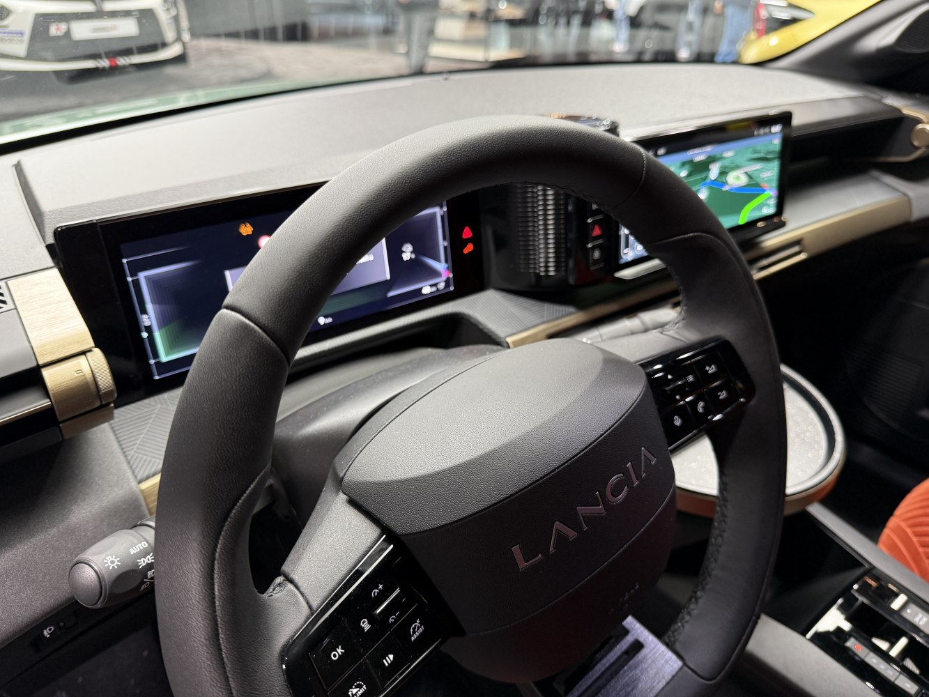 Digital dashboard and touchscreen navigation system in car interior