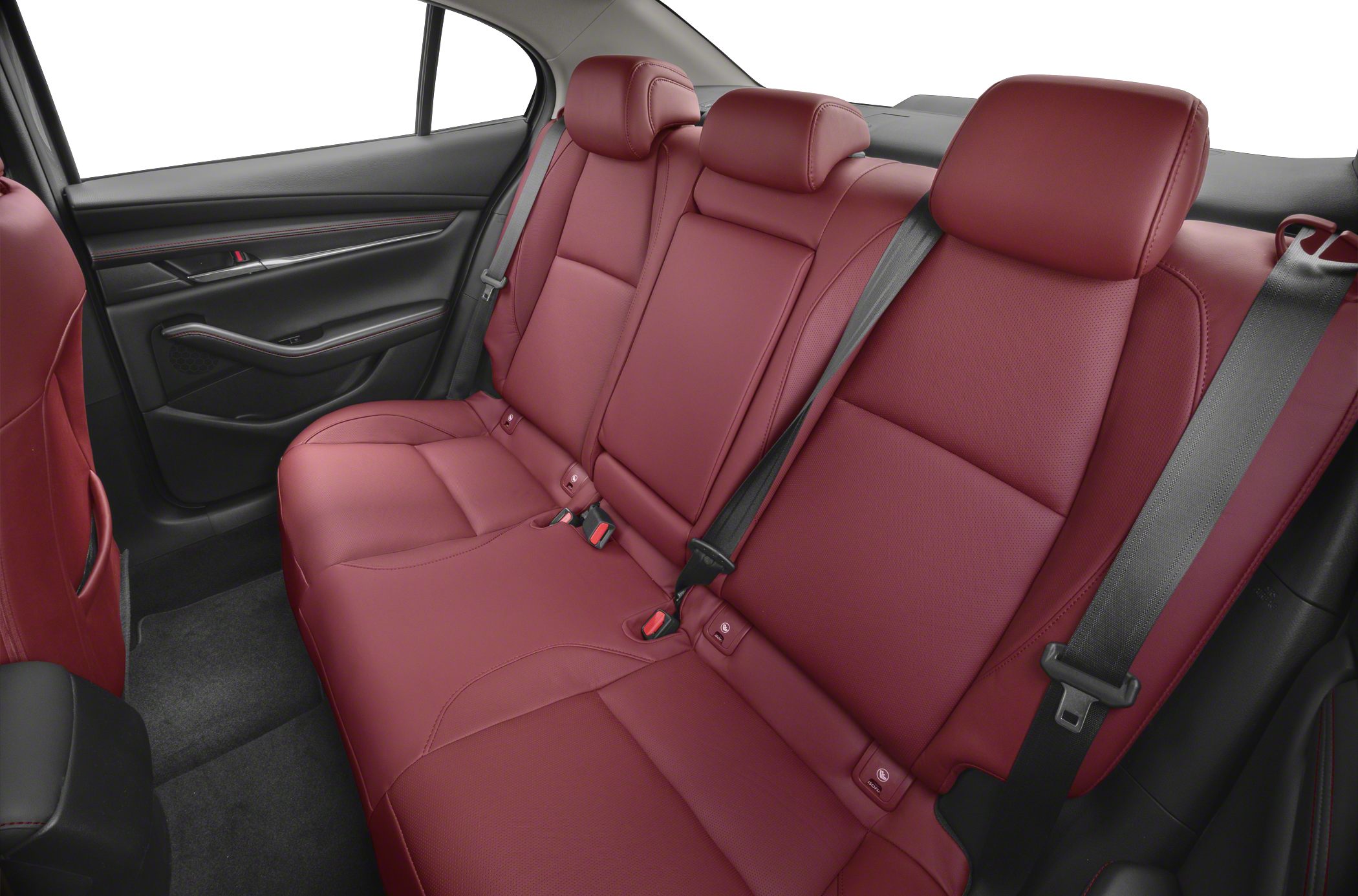 Red leather rear seats with seat belts and headrests