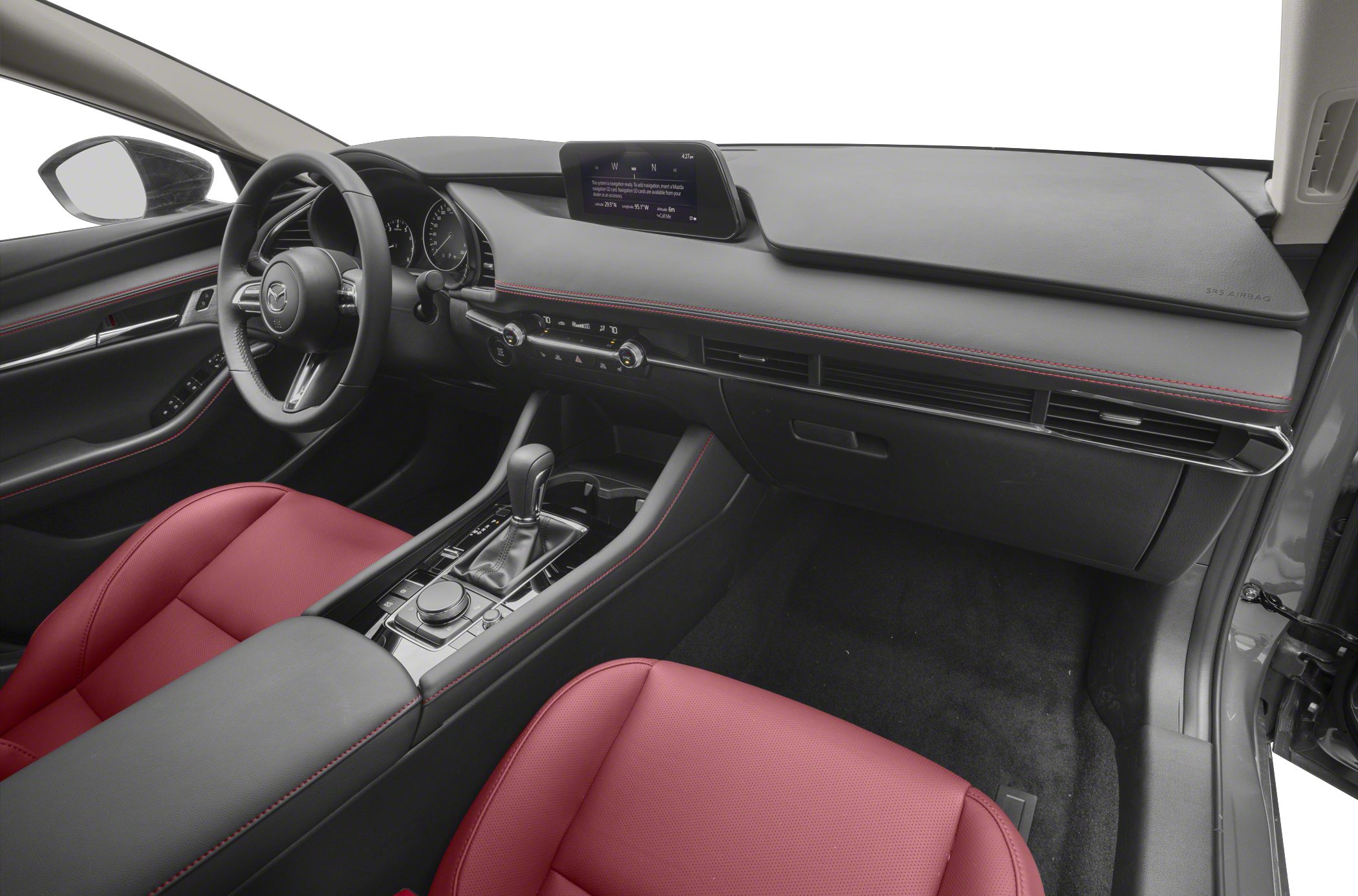 Black dashboard, central touchscreen, red leather seats, automatic gear shifter