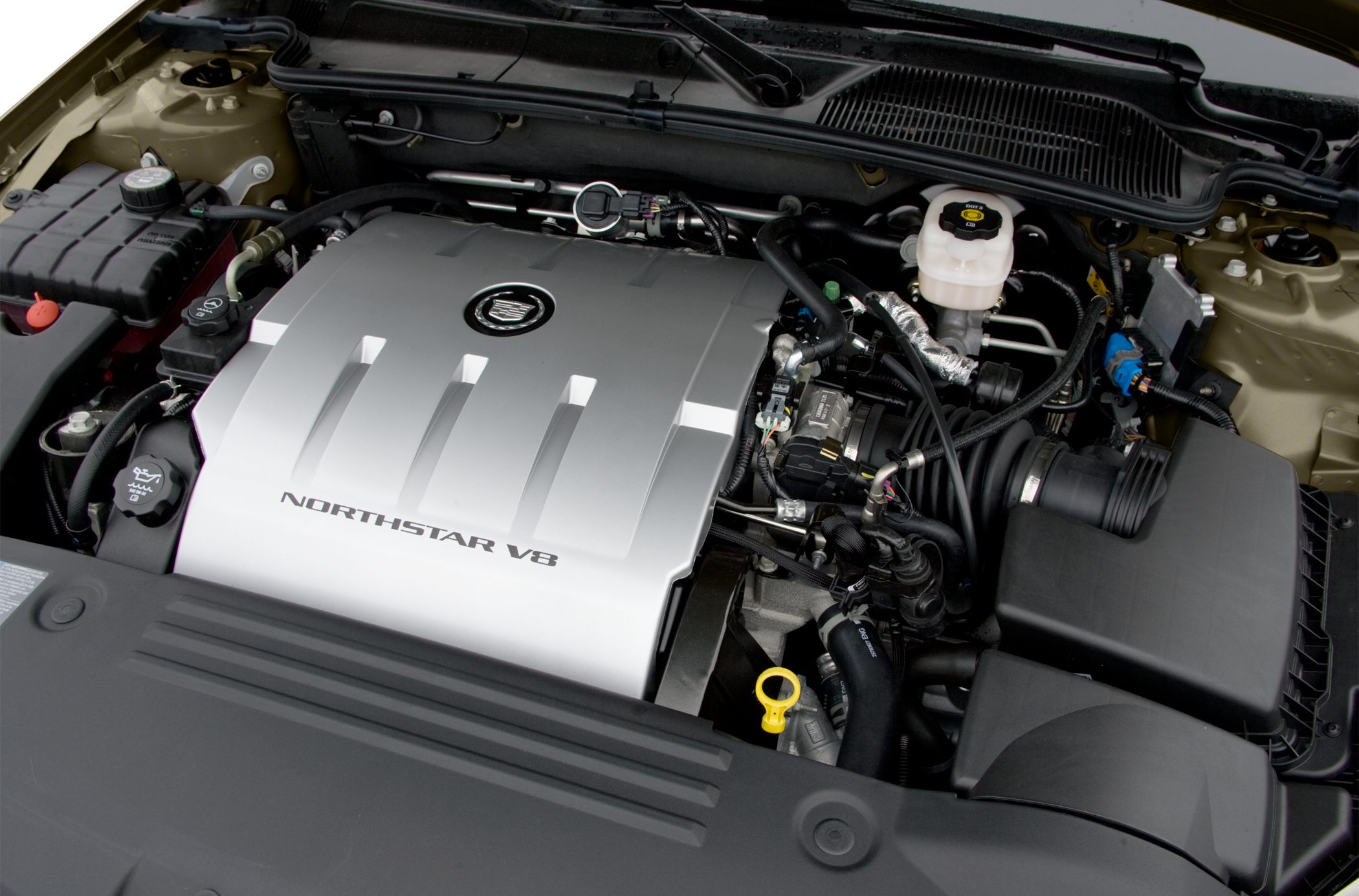 Northstar V8 engine with visible cover and components in engine bay