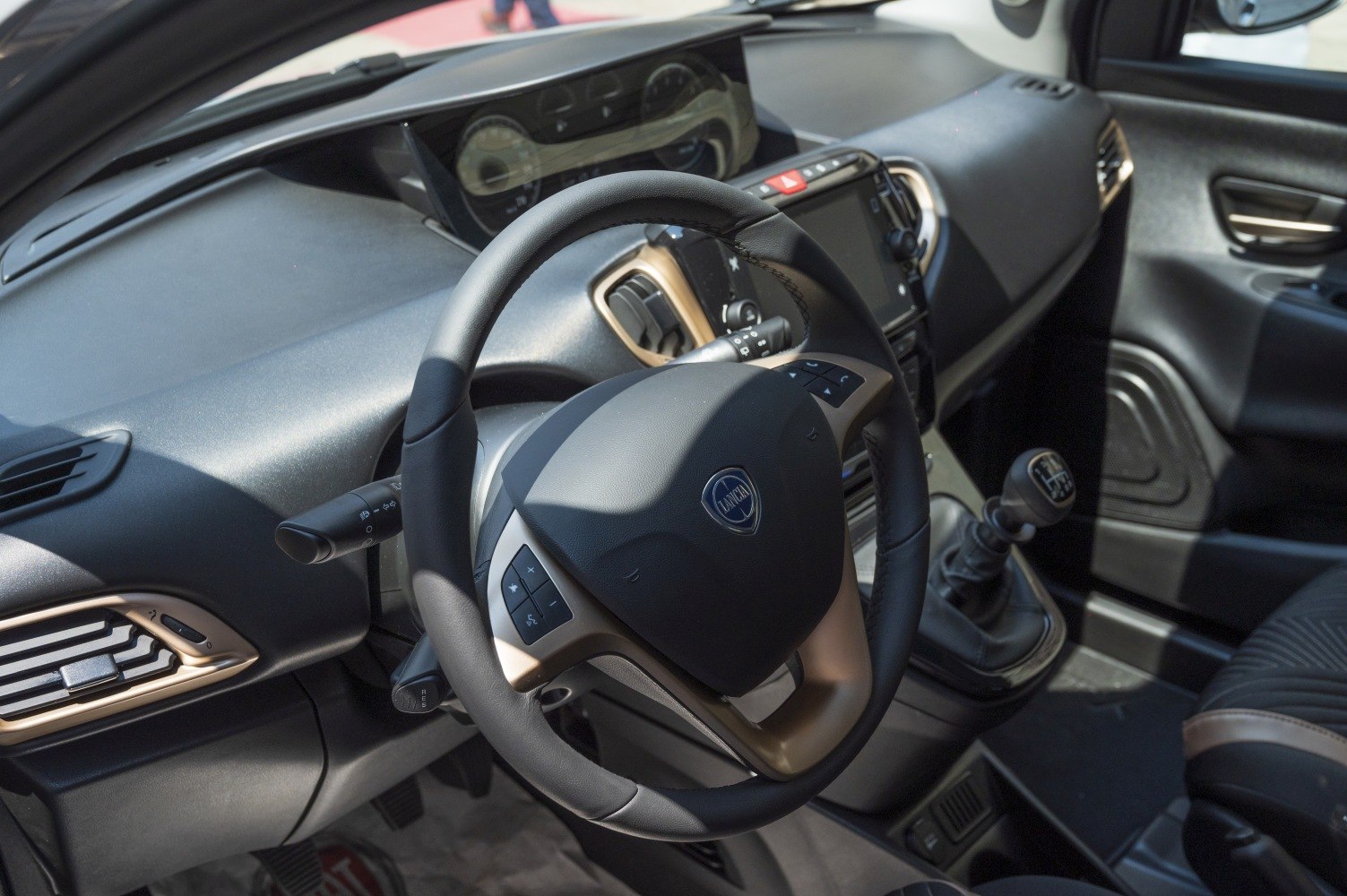 Leather steering wheel and manual gear shift with dashboard controls