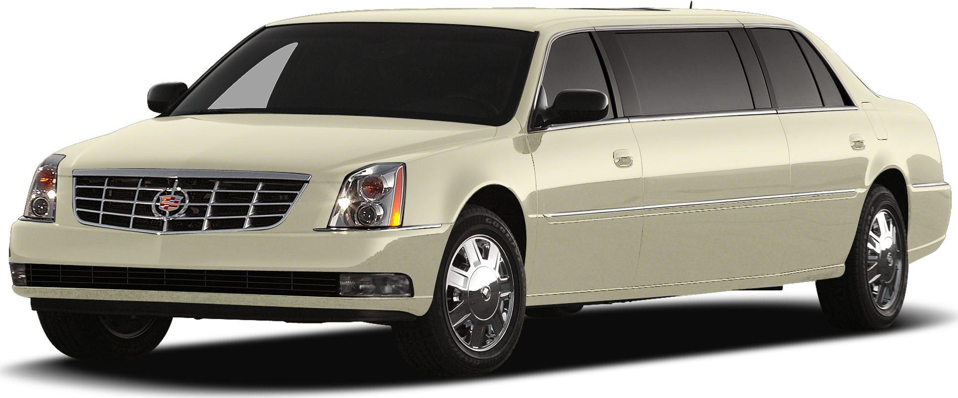 Front side view of a luxury stretch limousine with chrome grille and tinted windows