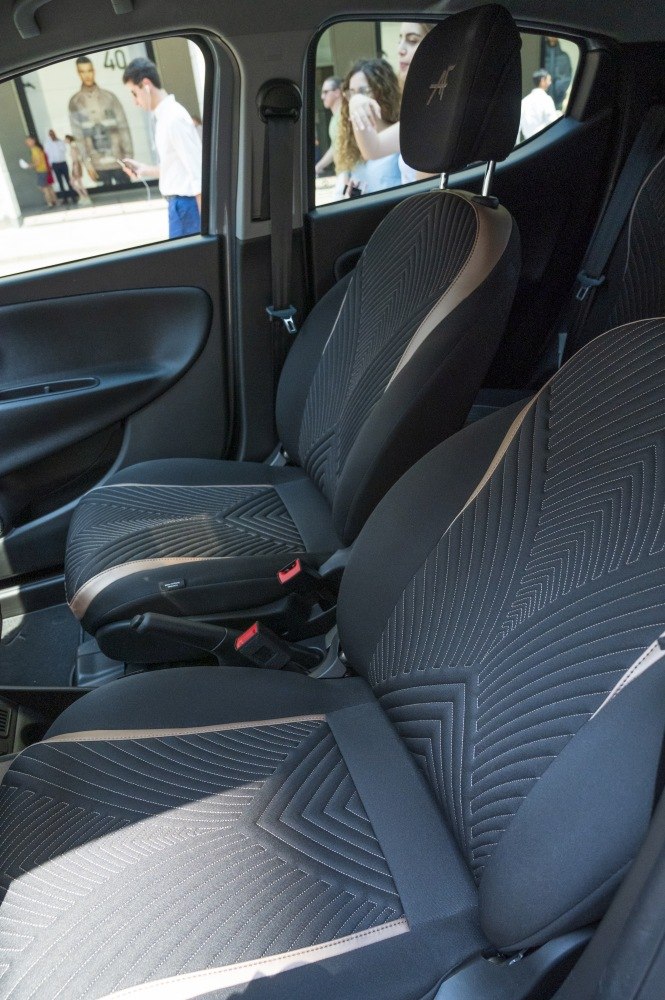 Front seats with detailed modern upholstery and stitching patterns