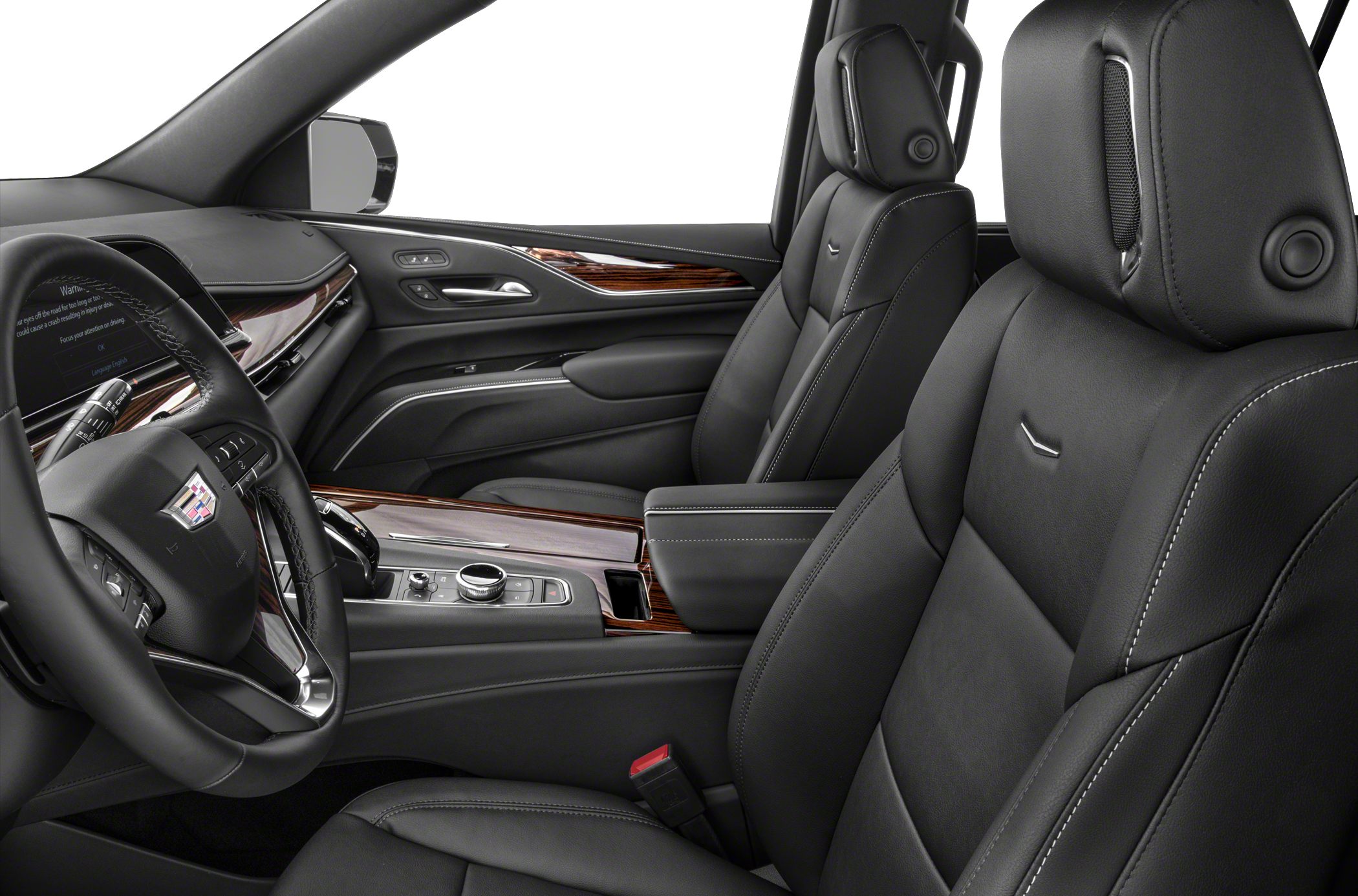 Luxury black leather seats with wood-trimmed modern center console.