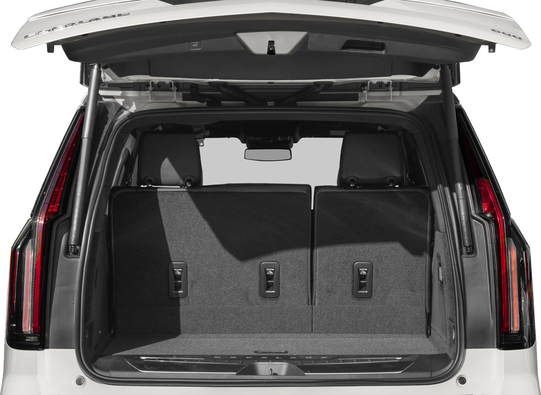 Open rear cargo area with liftgate and seatbacks