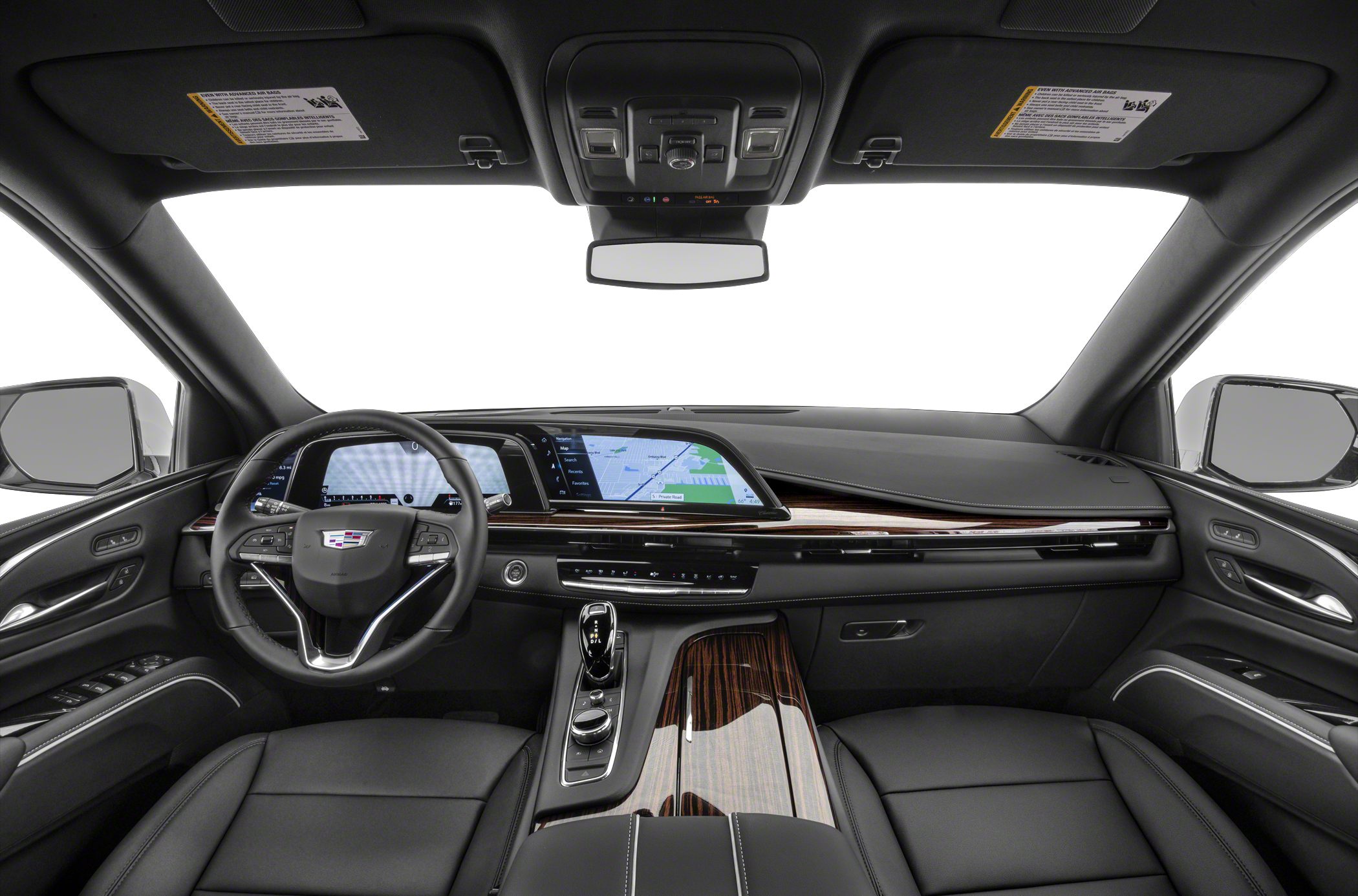 Luxury SUV cockpit with digital displays and wood trim