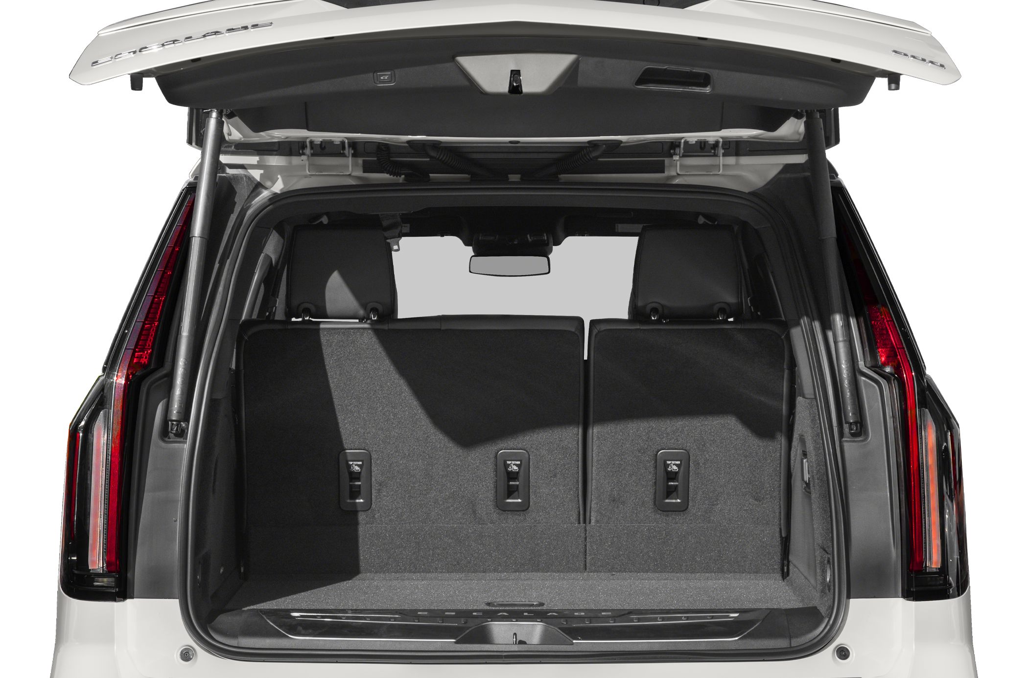 Fully opened rear cargo area with tailgate showing spacious SUV interior