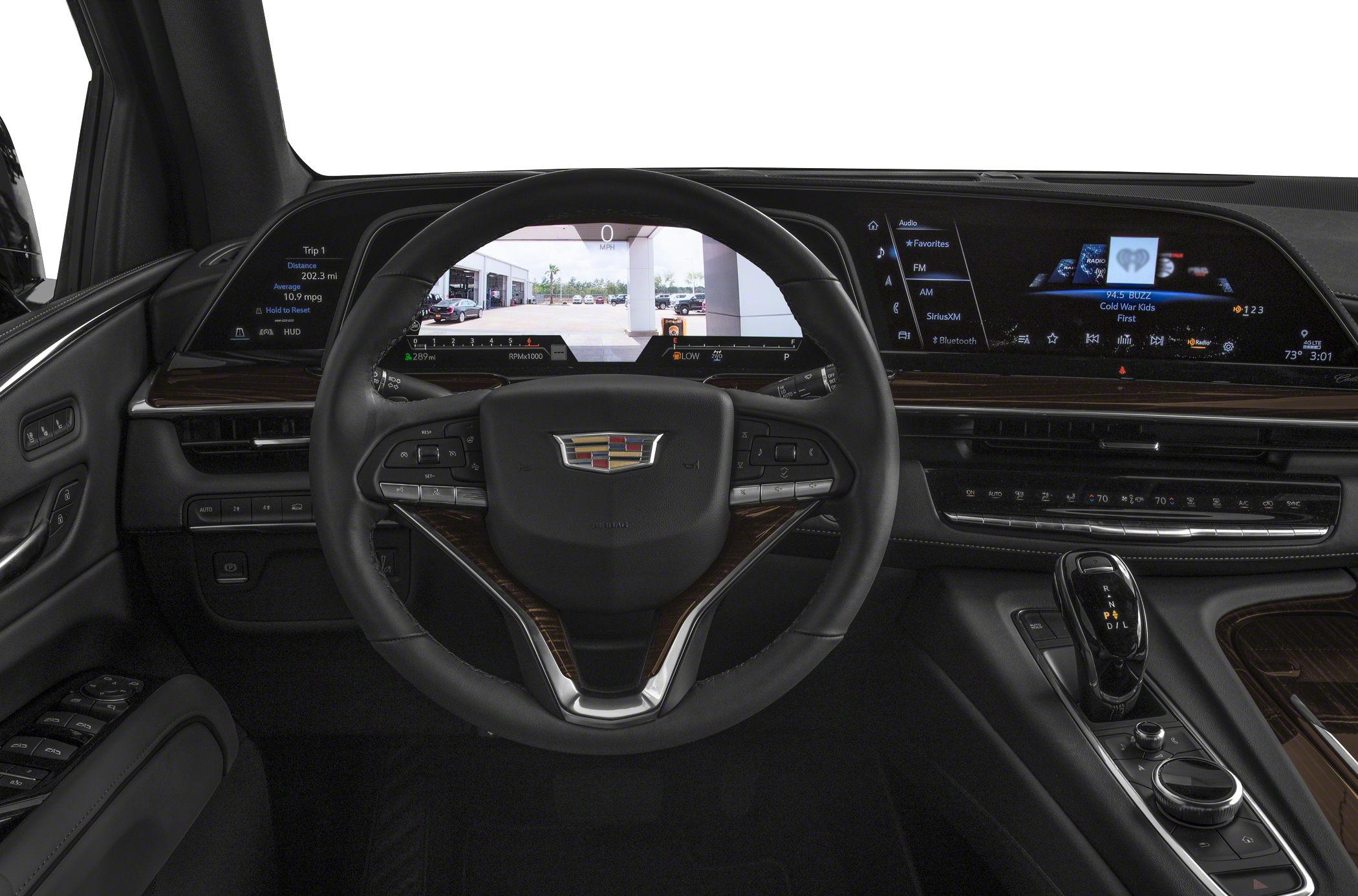 Digital instrument cluster and multifunction steering wheel with wood trim