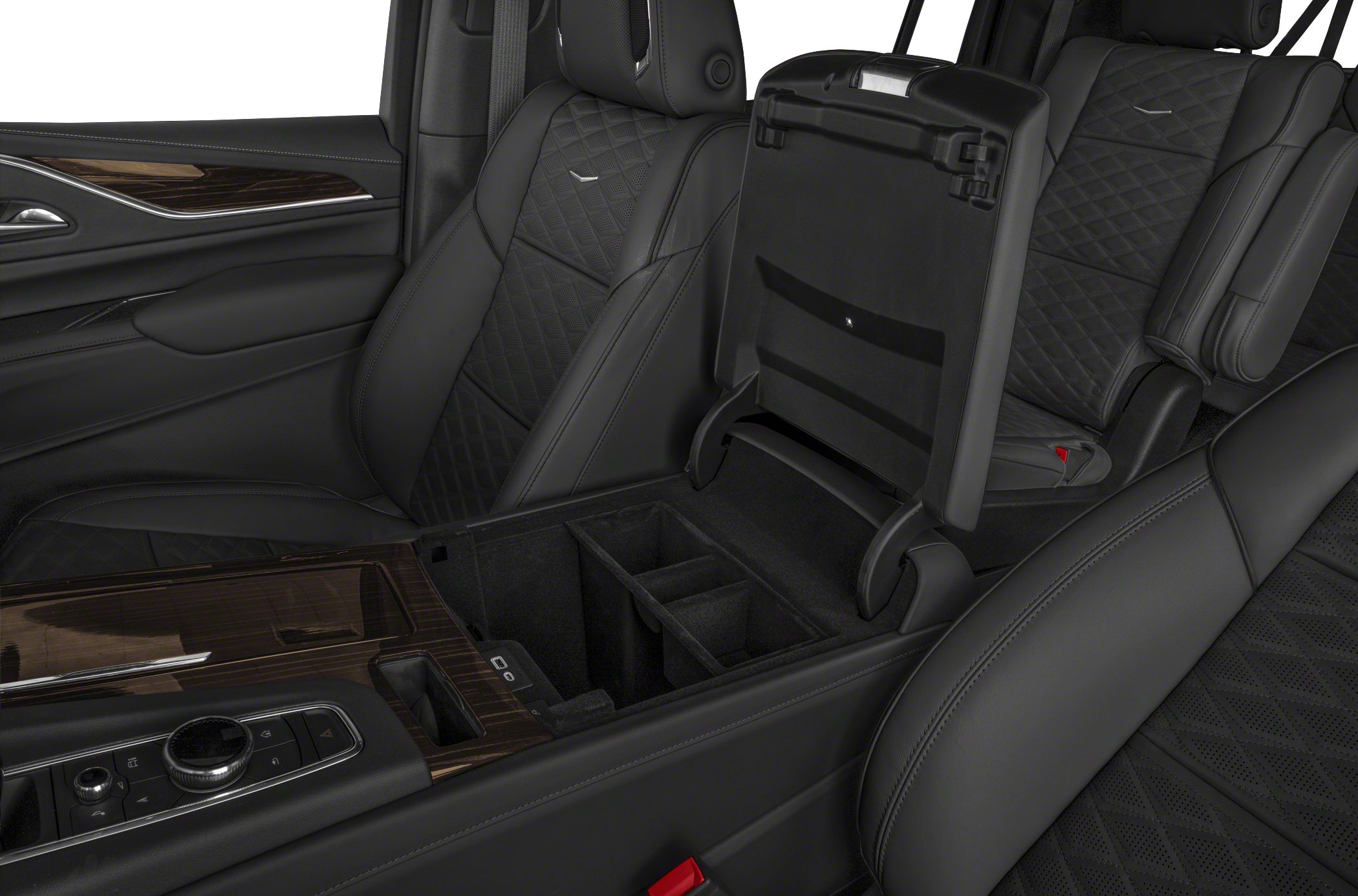 Black quilted leather seats with wood grain center console and control dial