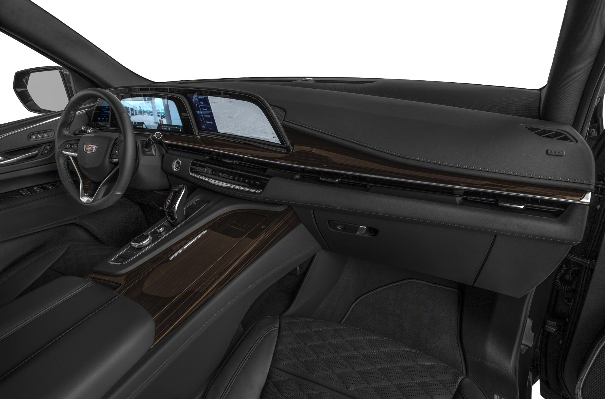 Digital dashboard and wood trim in luxury SUV interior
