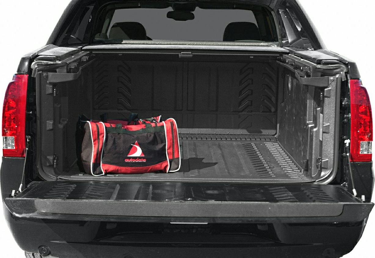 Open tailgate with spacious cargo bed and a bag inside