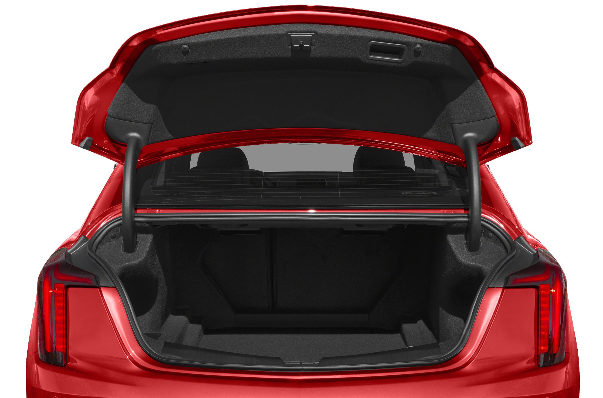 Open rear trunk space with trunk lid lifted and taillights visible
