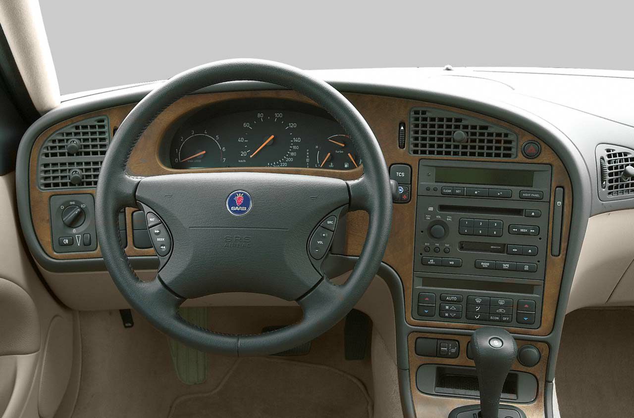 Steering wheel and dashboard with wooden trim and analog gauges