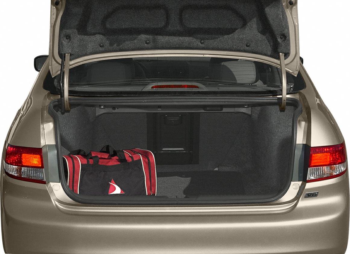 Open sedan trunk with spacious cargo area and red-black duffel bag