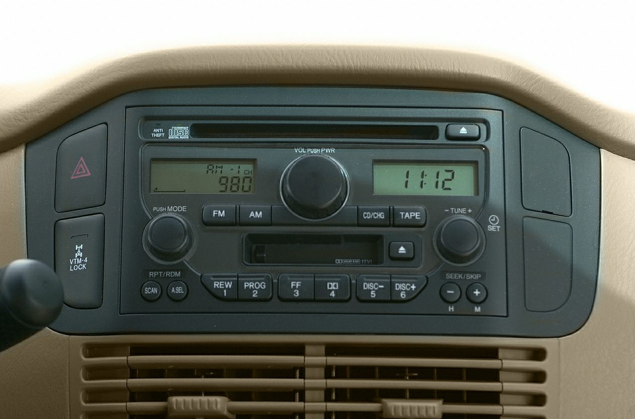 Vintage car radio and control panel with digital clock and cassette player