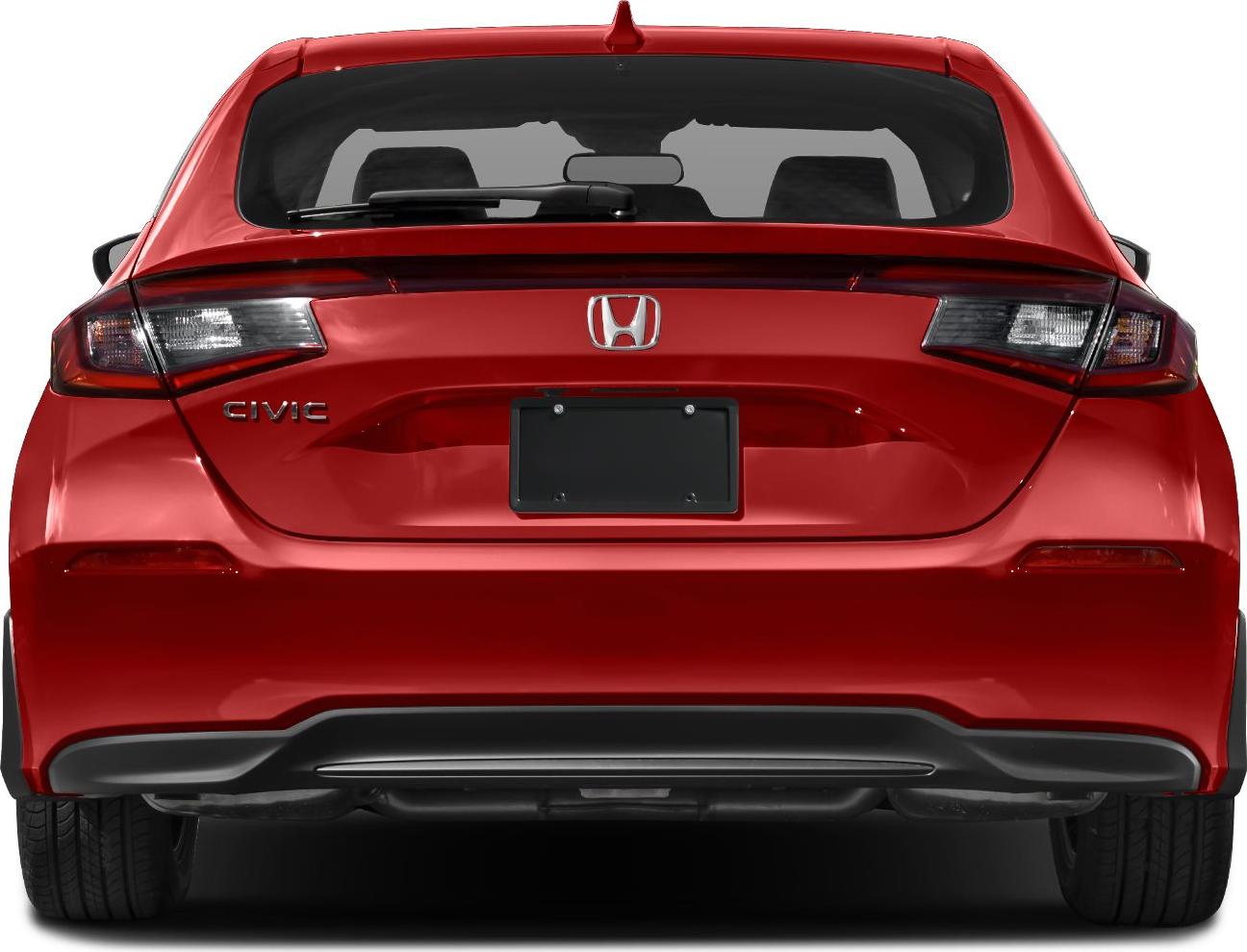 Red hatchback rear with modern tail lights and integrated spoiler