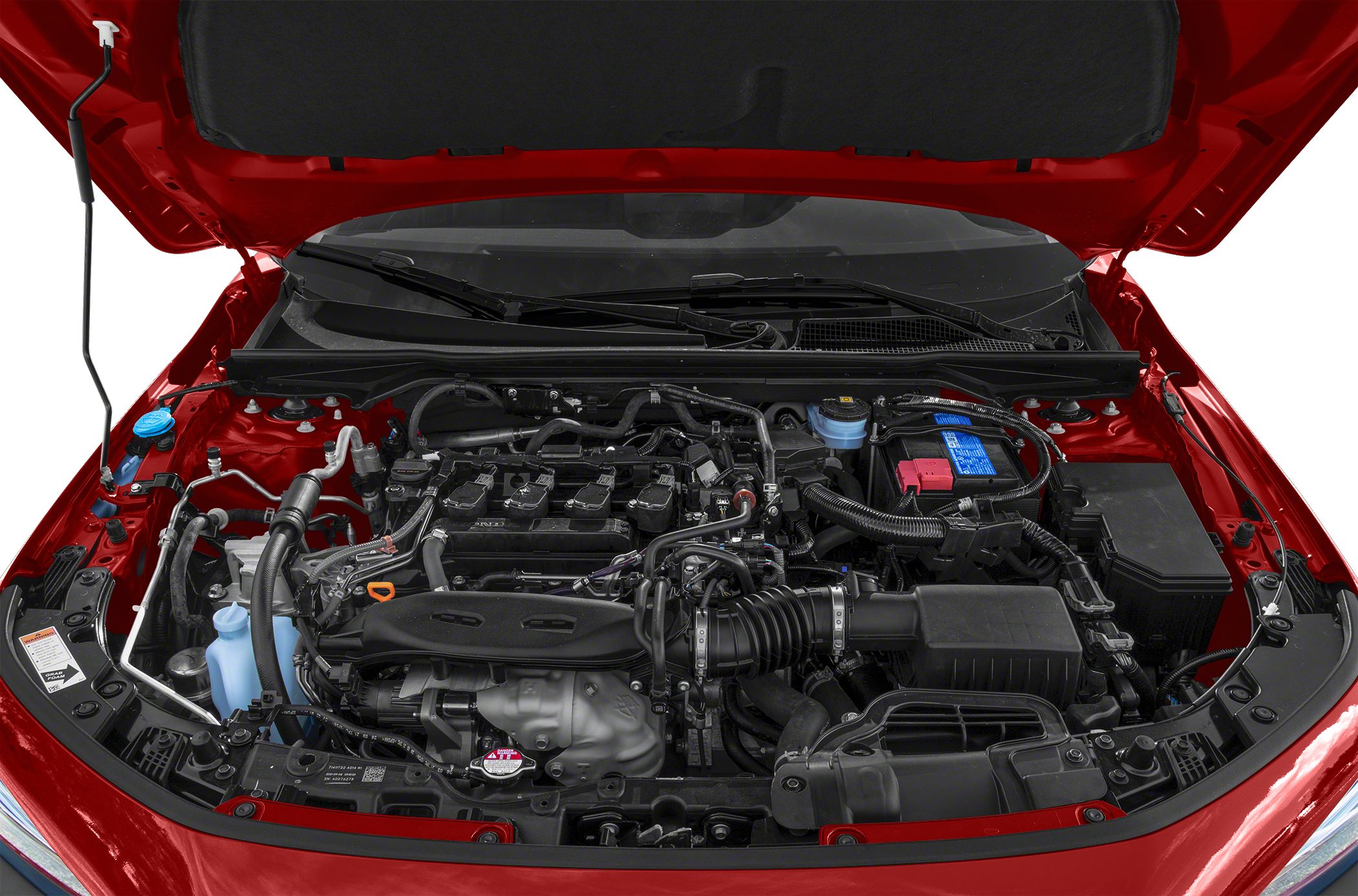 Engine bay with wiring, air intake, fluid reservoirs, and radiator cap under red hood