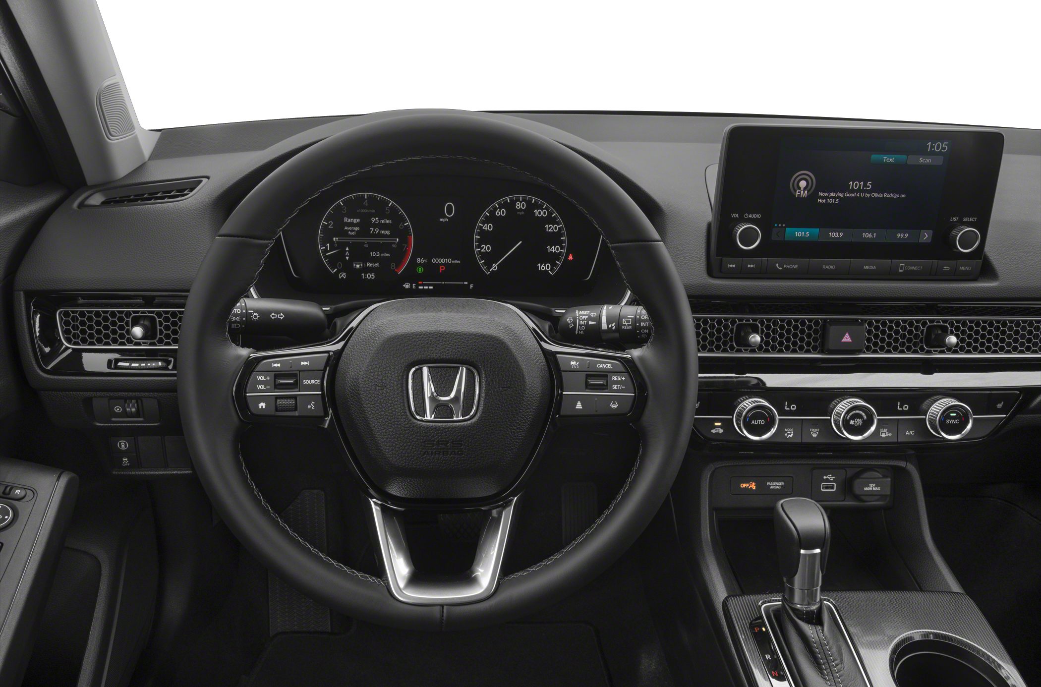 Steering wheel and digital dashboard with infotainment screen and climate controls
