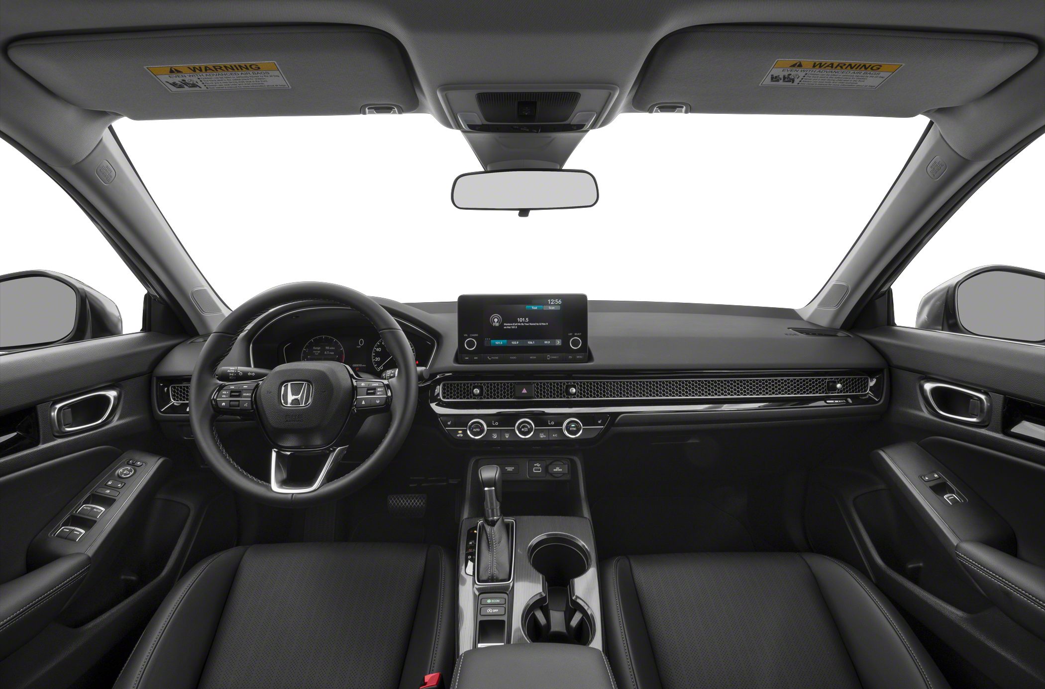 Dashboard and steering wheel with infotainment screen and climate controls