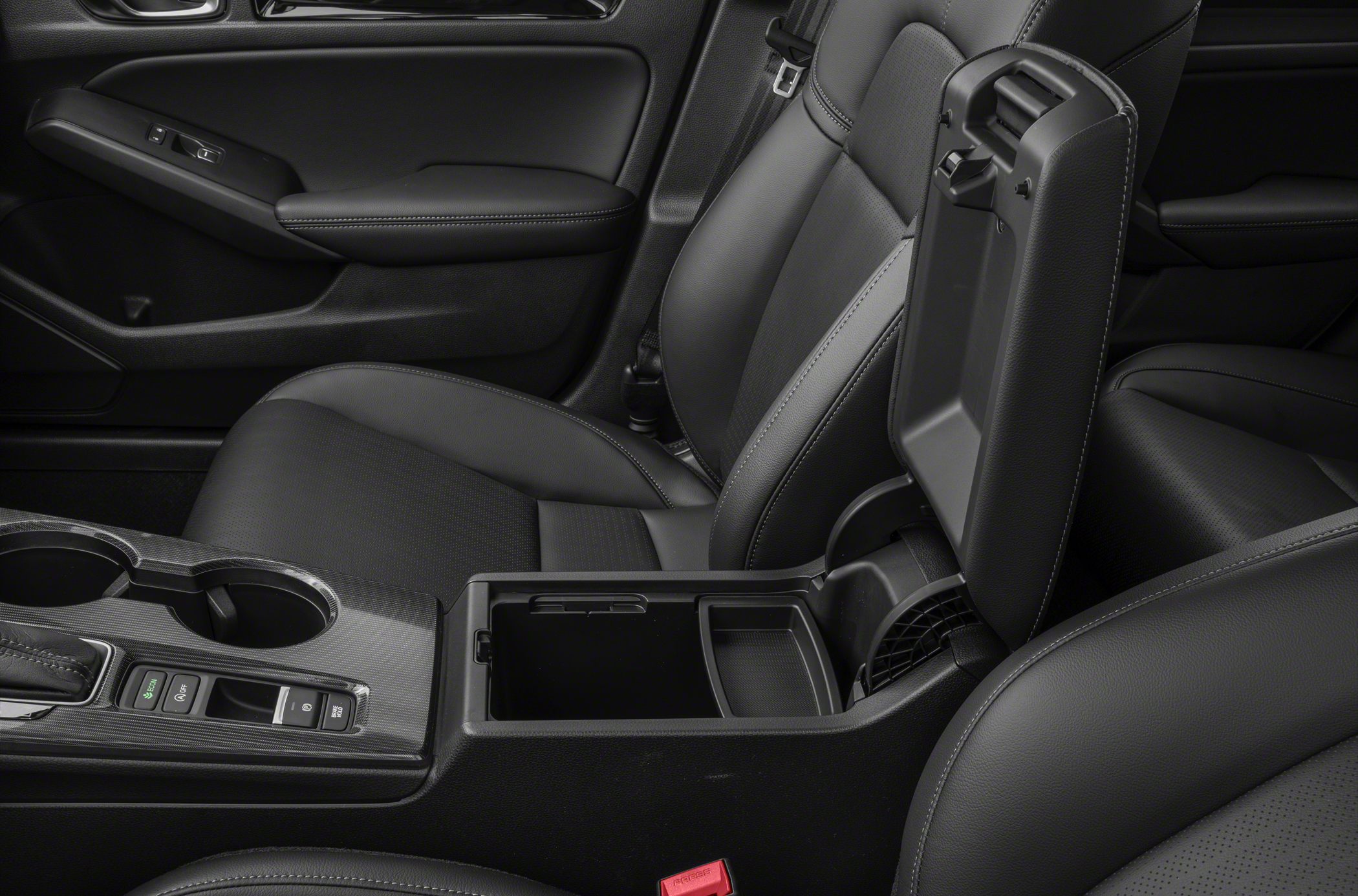 Center console storage, leather upholstery, cup holders, and front seats