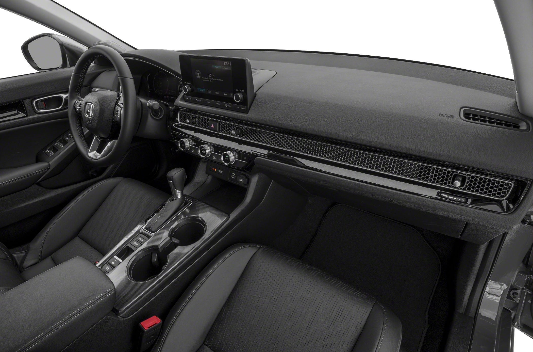 Modern car interior with digital display and automatic gear shift