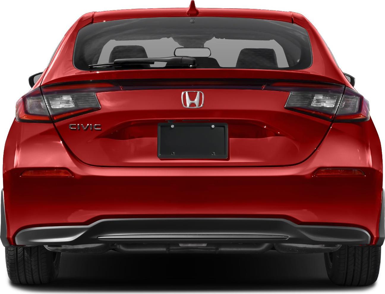 Rear view of a red hatchback with distinctive taillights and rear windshield wiper
