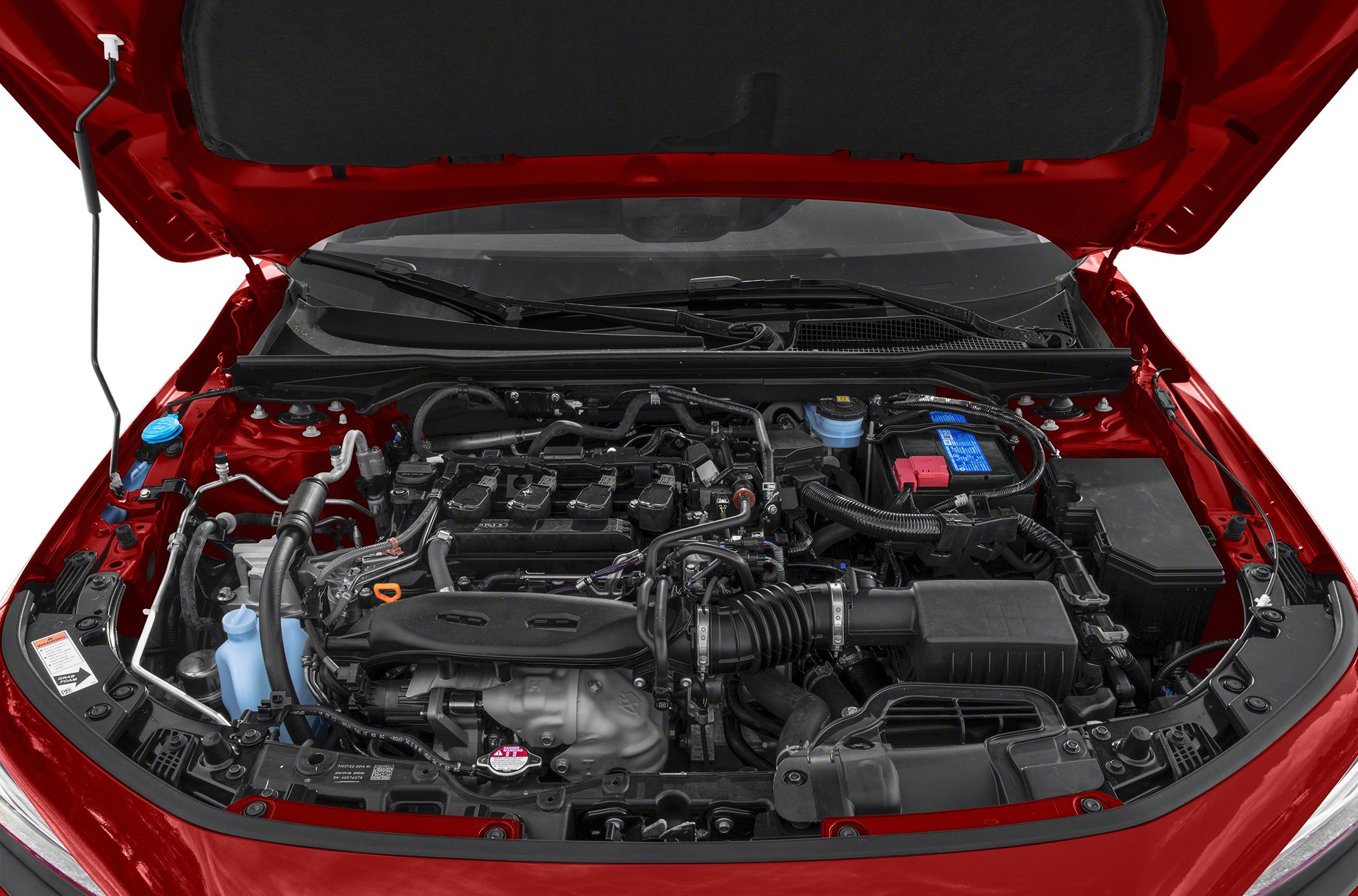 Engine bay layout with components and fluid reservoirs under hood